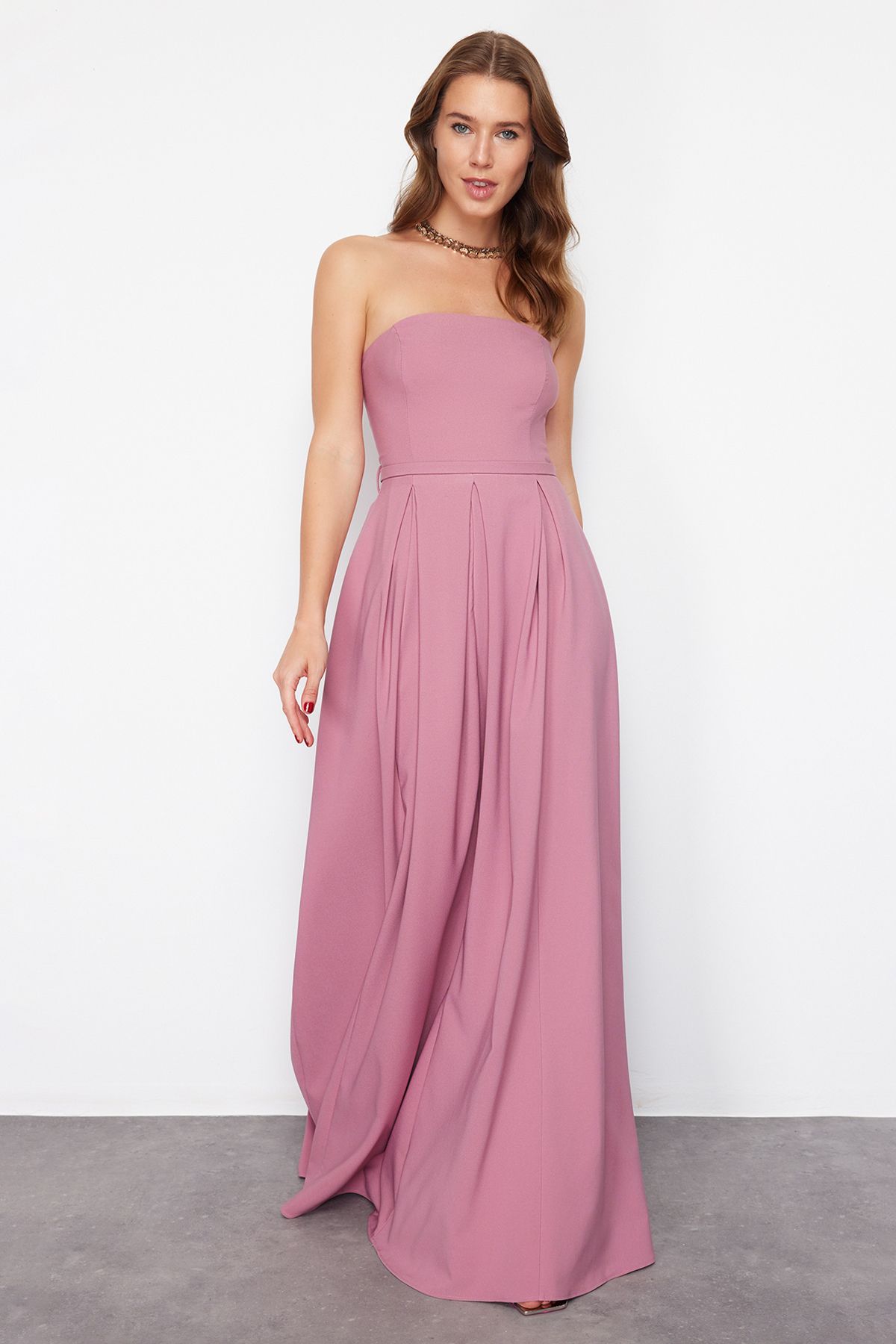 Trendyol Dusty Rose A-Cut Strapless Woven Long Evening Dress