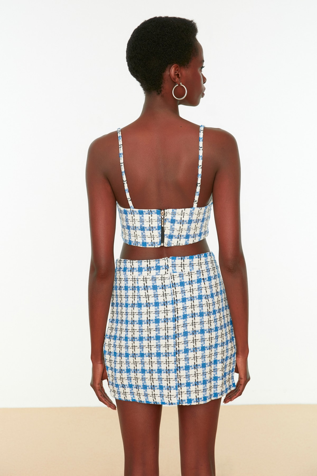 Trendyol Blue Plaid Strappy Crop Blouse