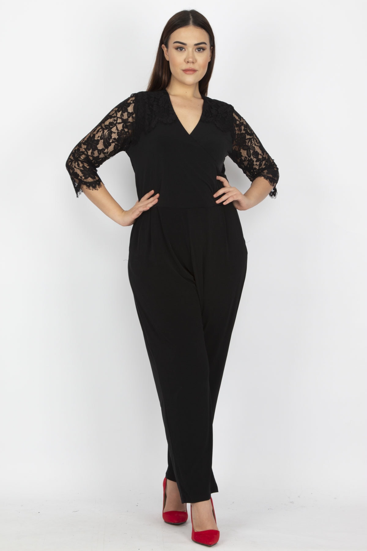 Şans Women's Large Size Black Lace Detailed Jumpsuit