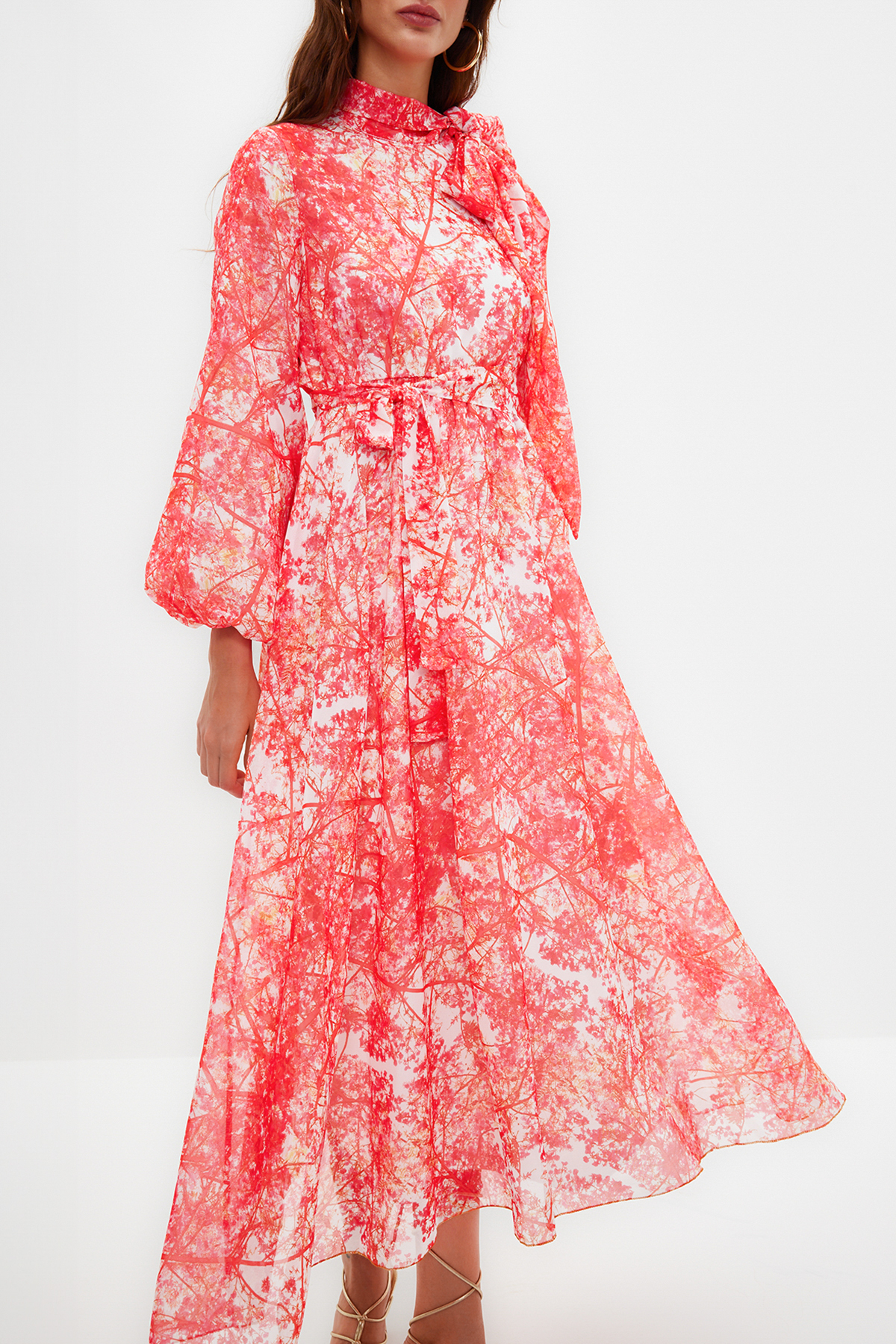 Trendyol Red Floral Patterned Lined Long Chiffon Evening Dress
