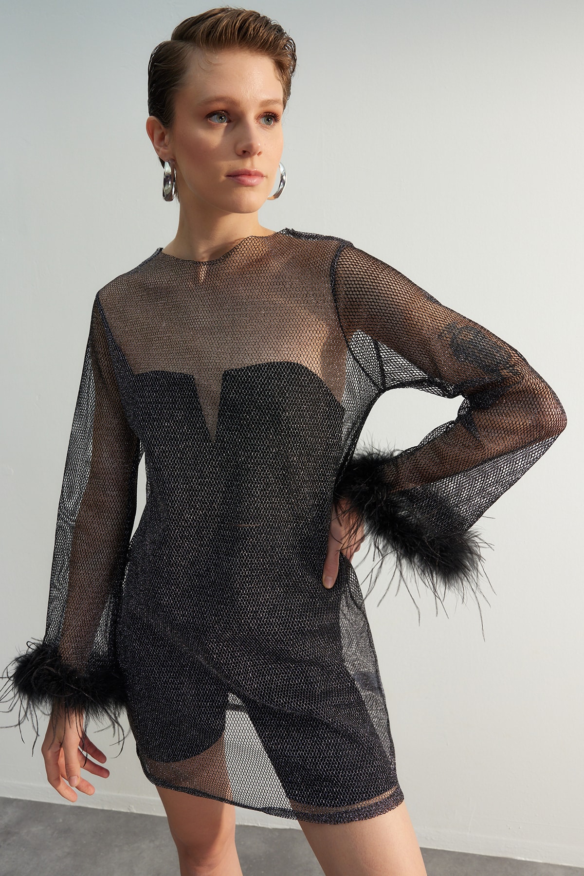 Levně Trendyol Černé Otrisch Detailní síťovina Elegantní večerní šaty