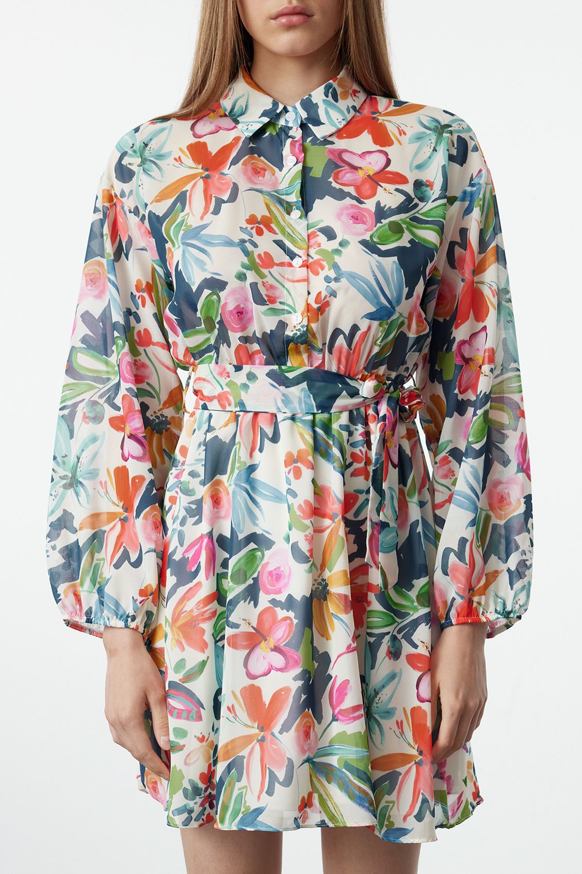 Trendyol Multi Color Floral Pattern Waist Open Mini Lined Chiffon Woven Dress