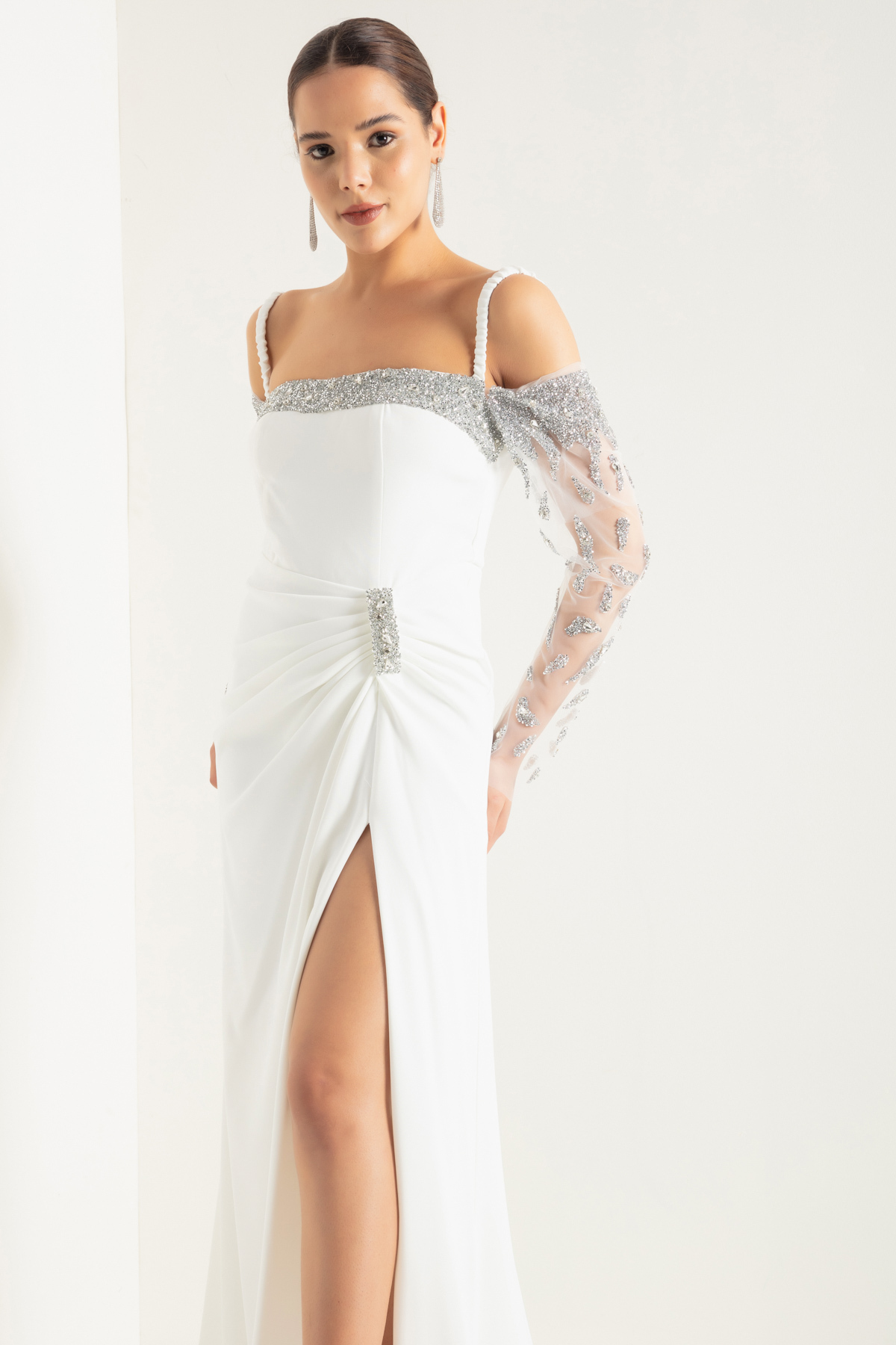 Lafaba Women's White Thin Strappy Stone Long Evening Dress