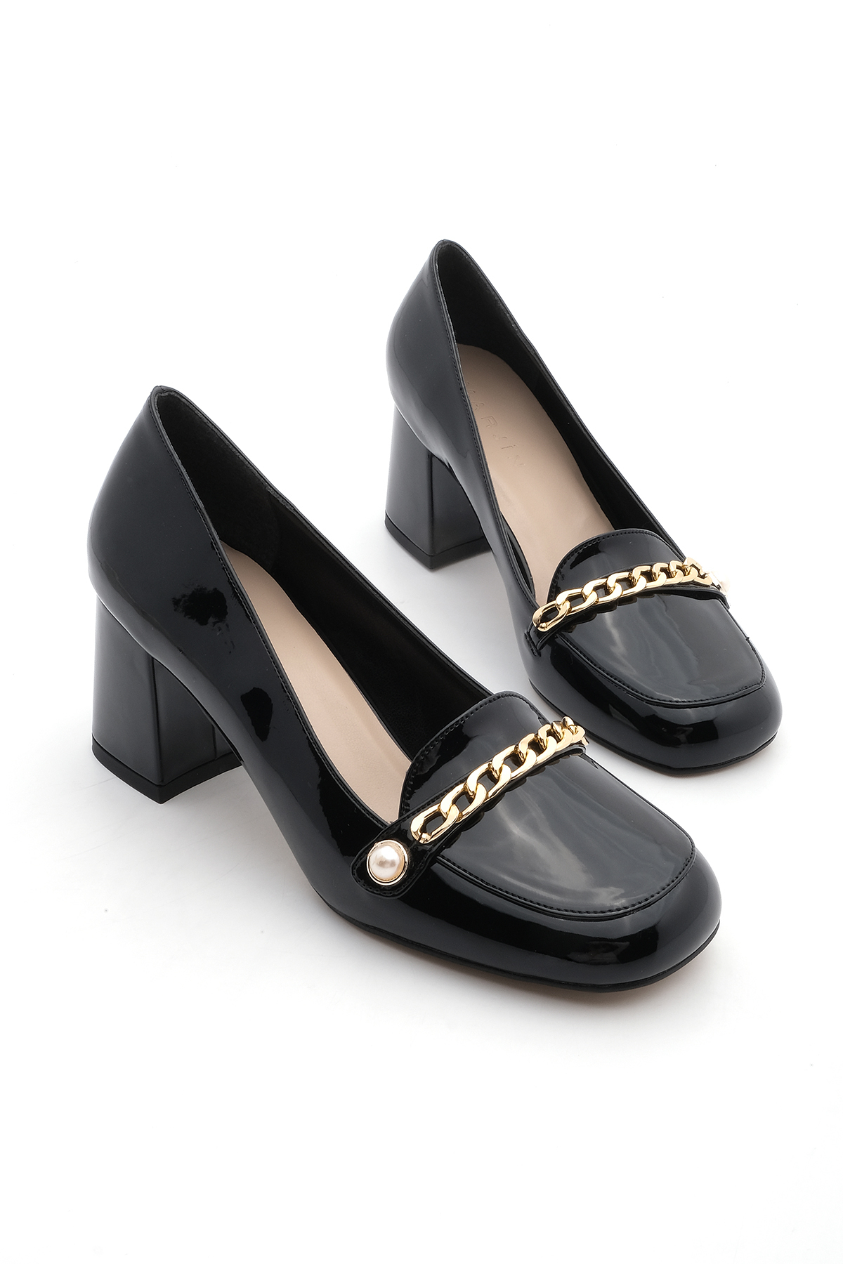 Levně Marjin Women's Chunky Heel Chain Flat Toe Classic Heel Shoes Makros Black Patent Leather