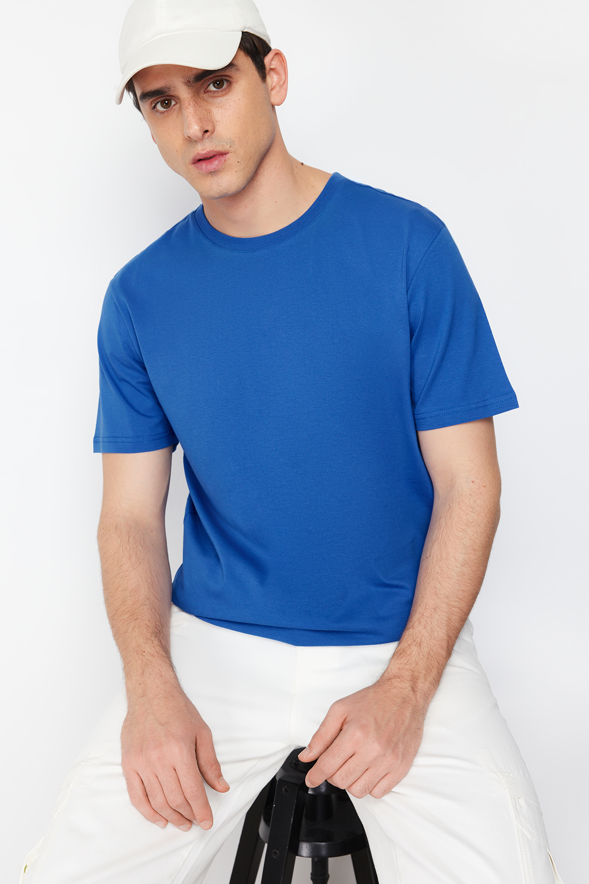 Trendyol Blue Basic 100% Cotton Regular Cut Crew Neck T-Shirt