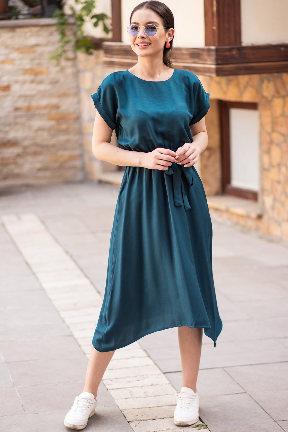 Armonika Women's Petrol Waist Elastic Tie Dress