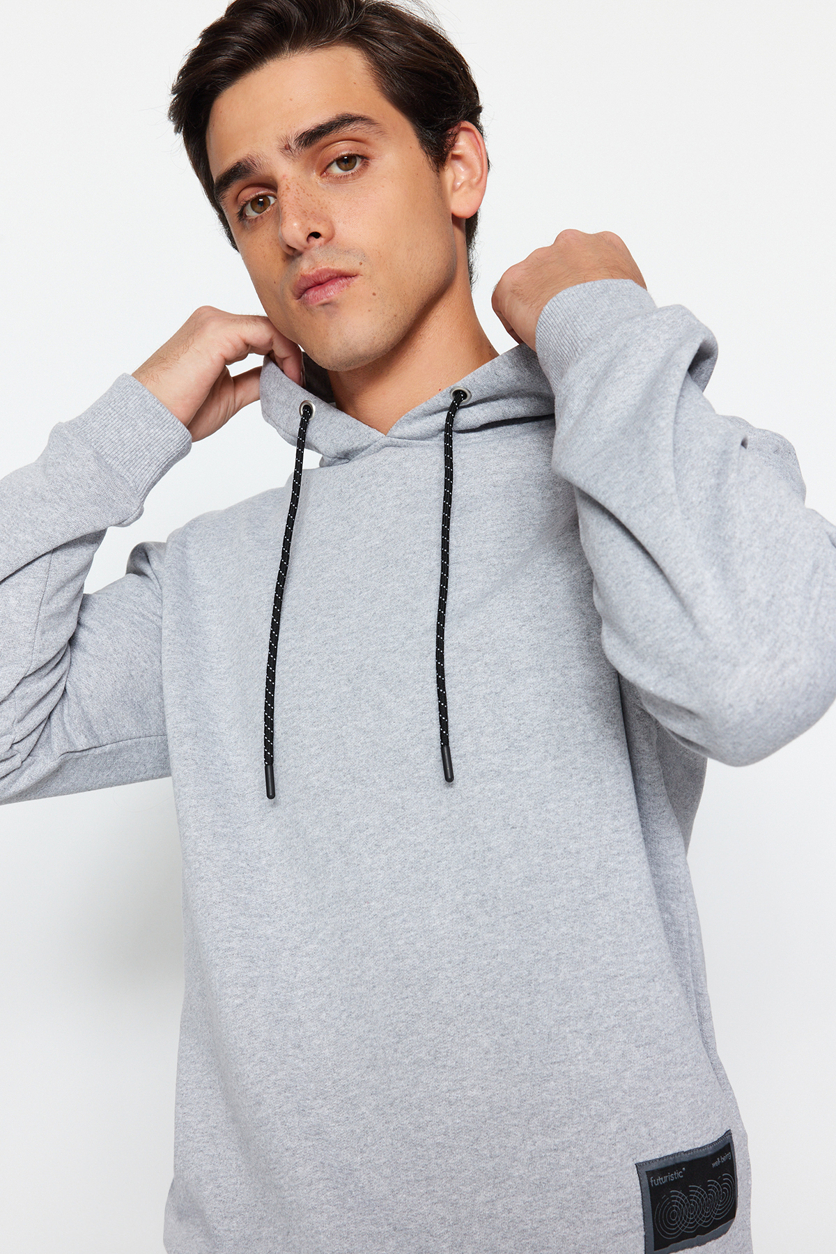 Trendyol Men's Gray Regular/Normal Fit Hooded Contrast Labeled Fleece Fleece Thick Sweatshirt