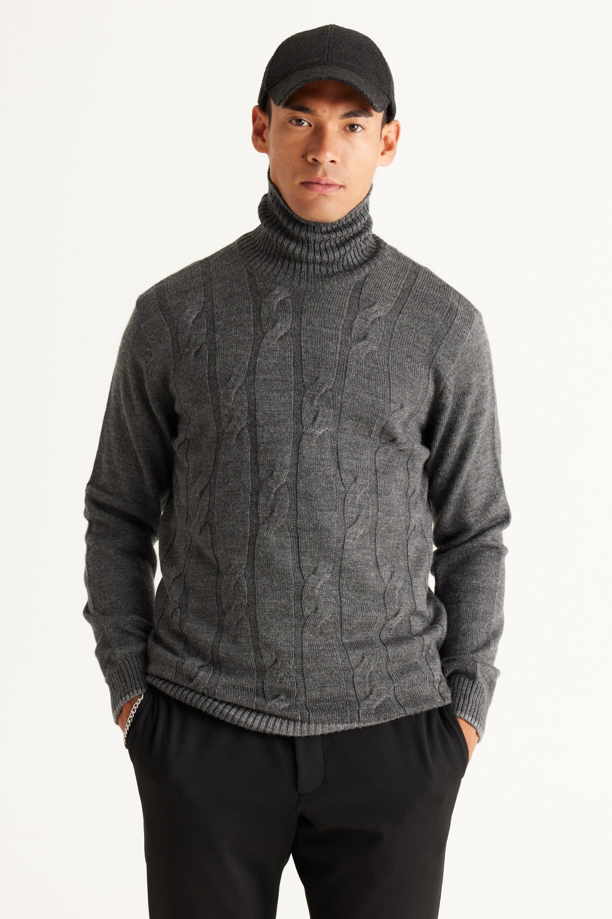 Levně AC&Co / Altınyıldız Classics Men's Anthracite-melange Standard Fit Normal Cut Full Turtleneck Jacquard Knitwear Sweater.