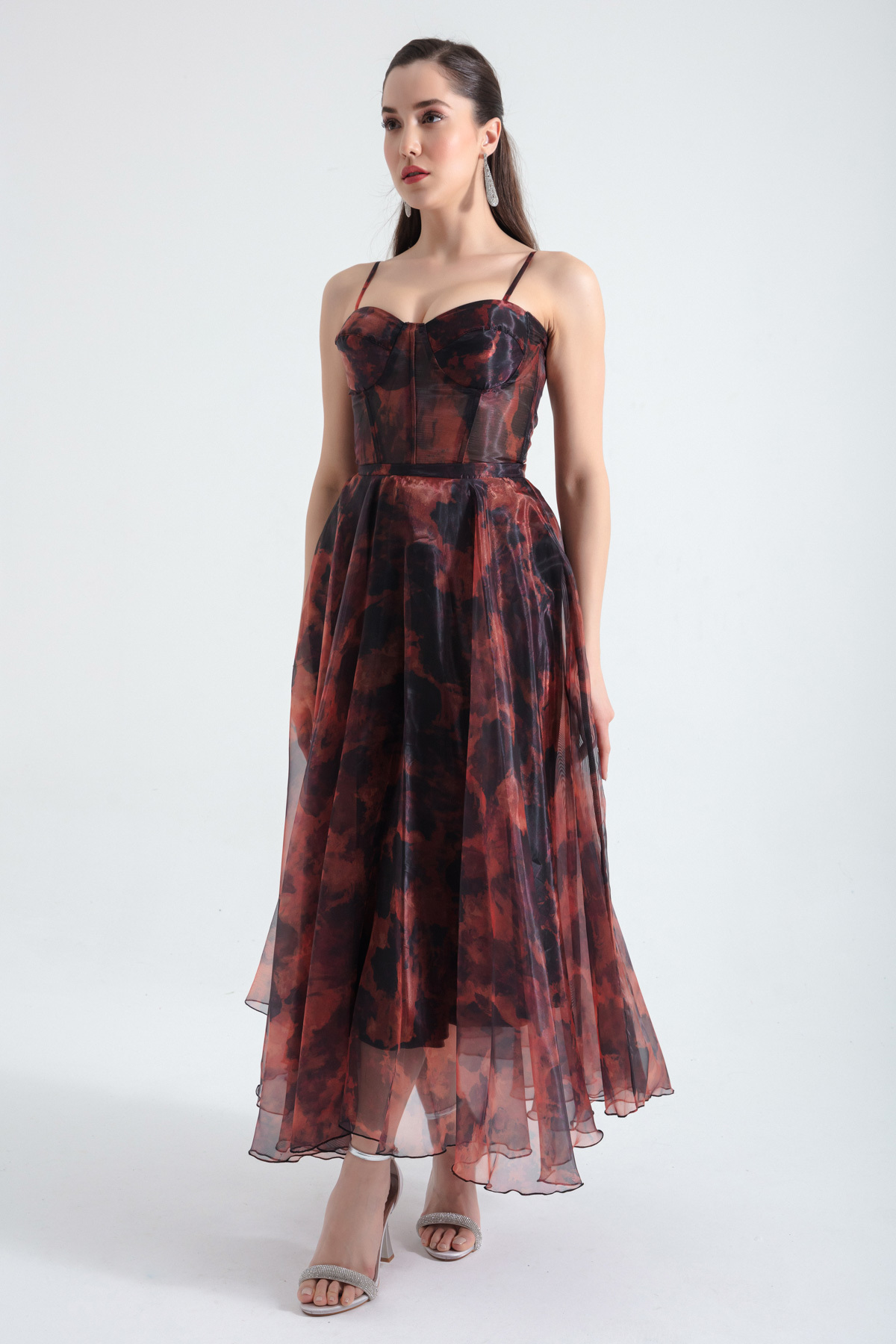 Levně Lafaba Women's Brown Design Organza Evening Dress