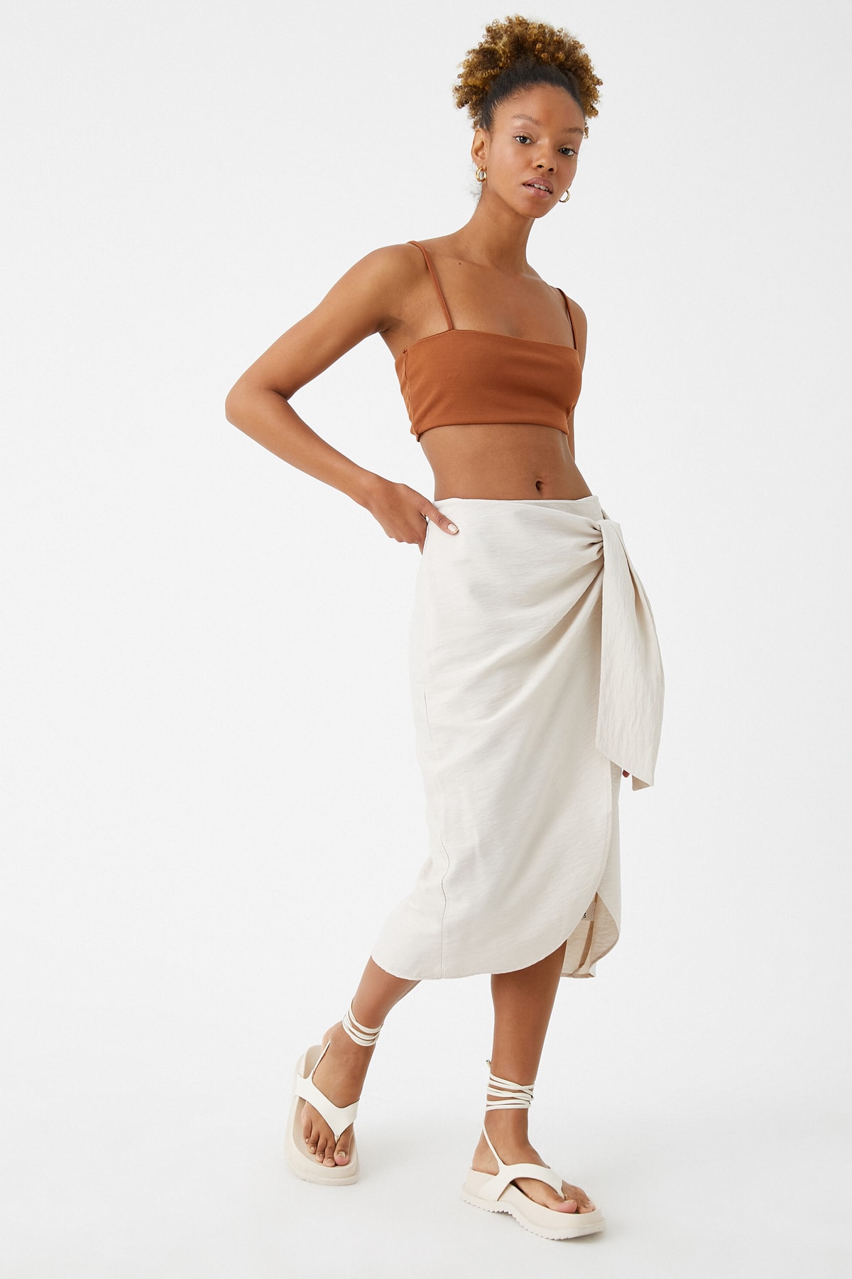 Levně Koton Midi Skirt with a Tie Detailed and a Slit in the Front.