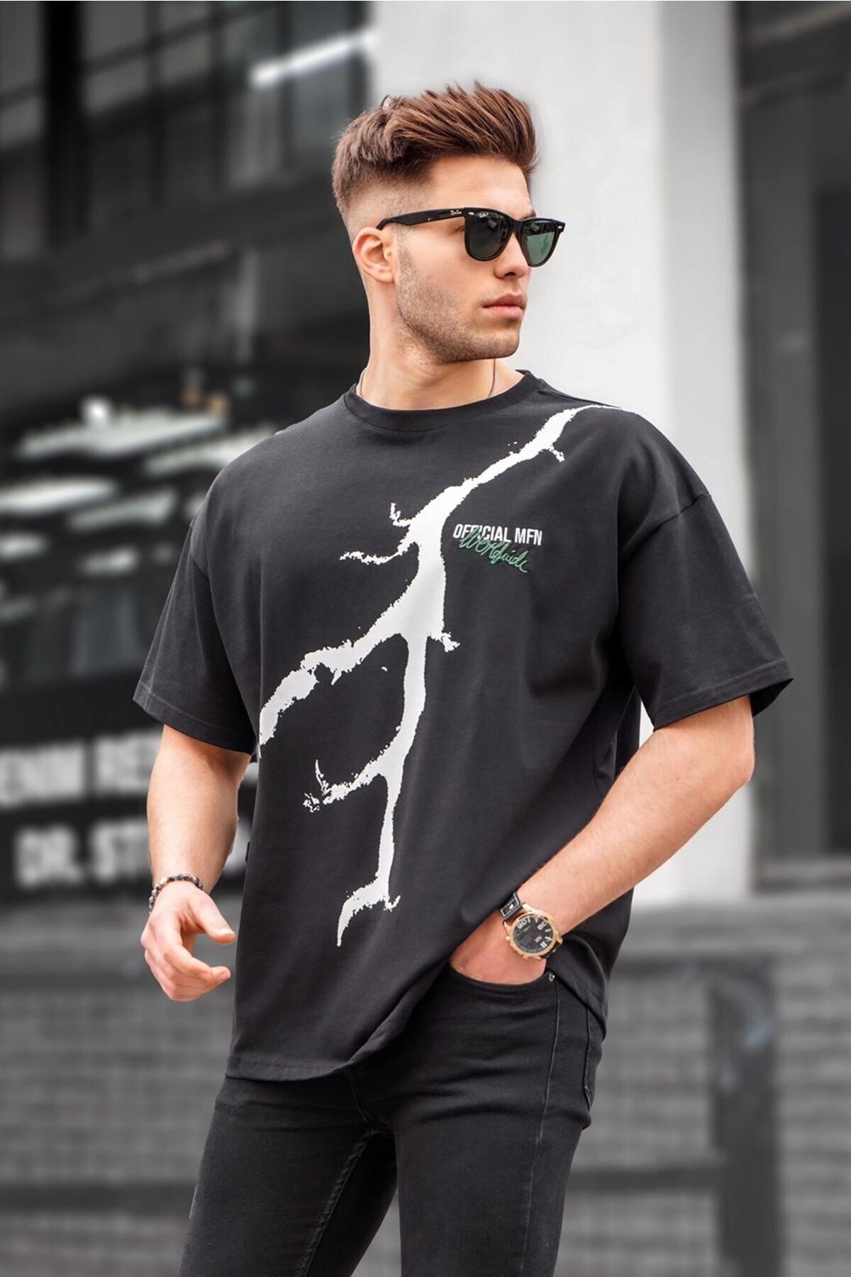 Levně Madmext Men's Black Patterned Oversize T-Shirt