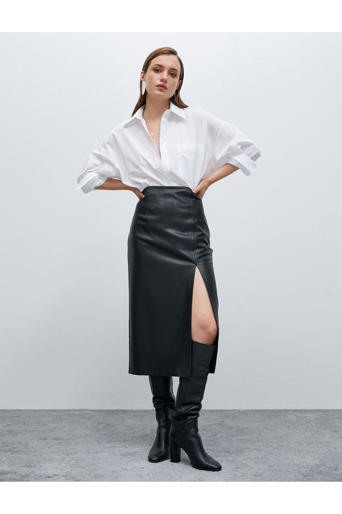 Koton Leather Look Midi Skirt with a Slit