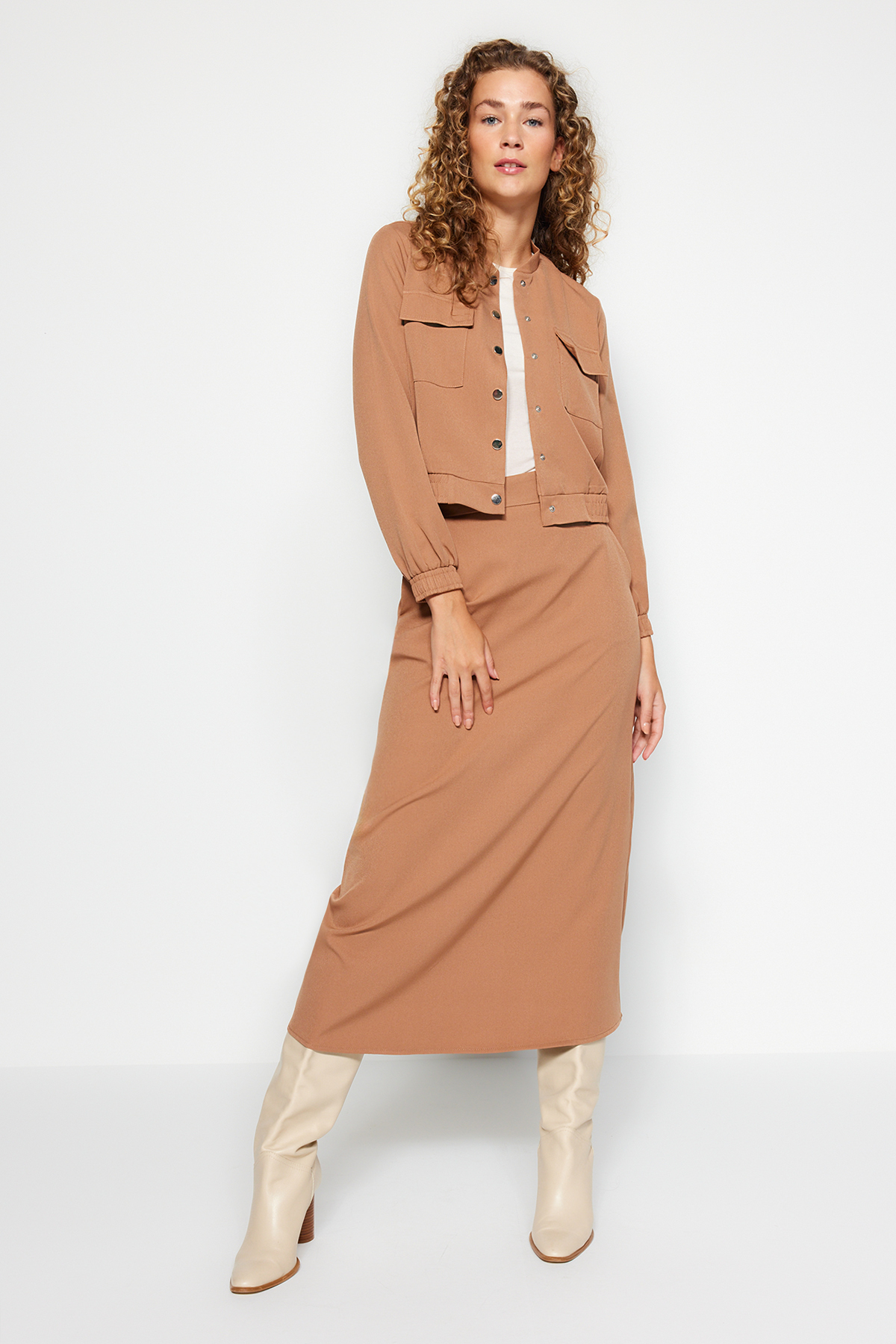 Levně Trendyol Camel Pocket Bomber Jacket-Skirt Woven Fabric Two Piece Set