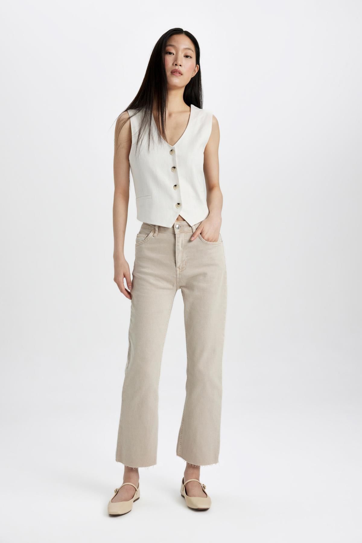 DEFACTO Crop Flare Fit High Waist Cropped Both Woven Trousers