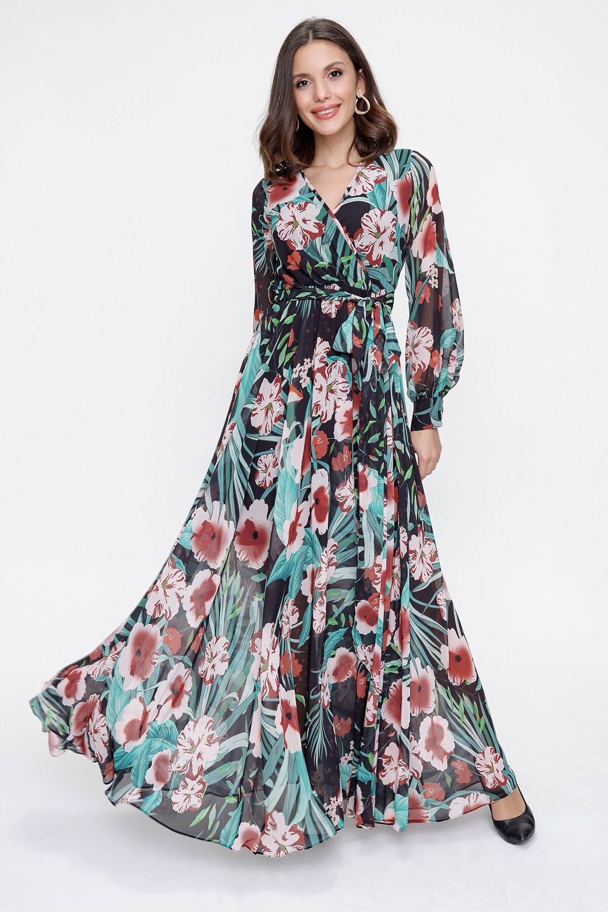 Levně By Saygı Double Breasted Neck Long Sleeve Lined Floral Print Chiffon Long Dress Green