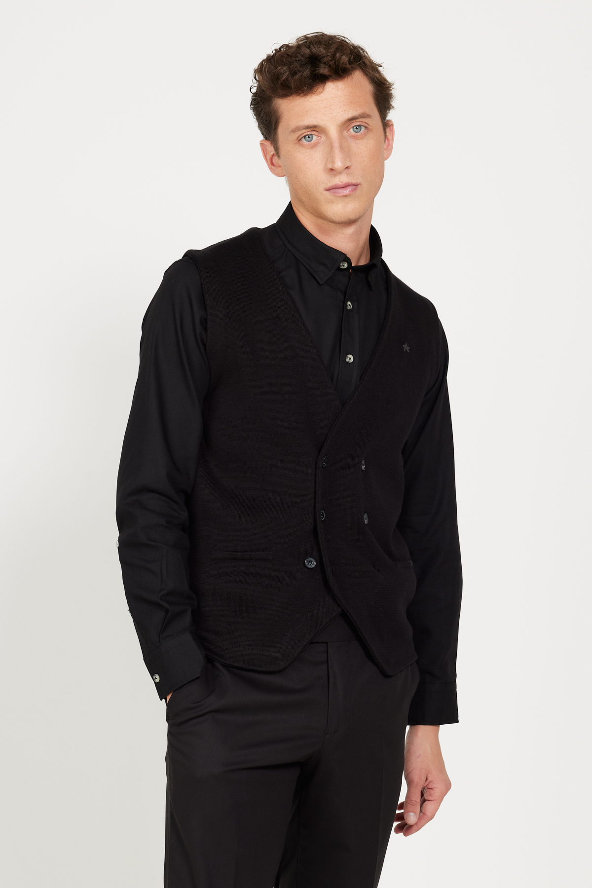 ALTINYILDIZ CLASSICS Men's Black Standard Fit Normal Cut Double Breasted Collar Knitwear Vest