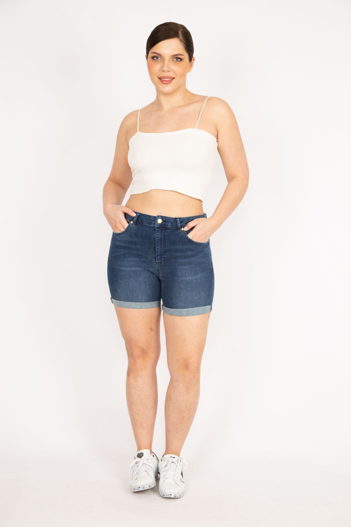 Levně Şans Women's Navy Blue Large Size 5 Pockets Skinny Denim Shorts