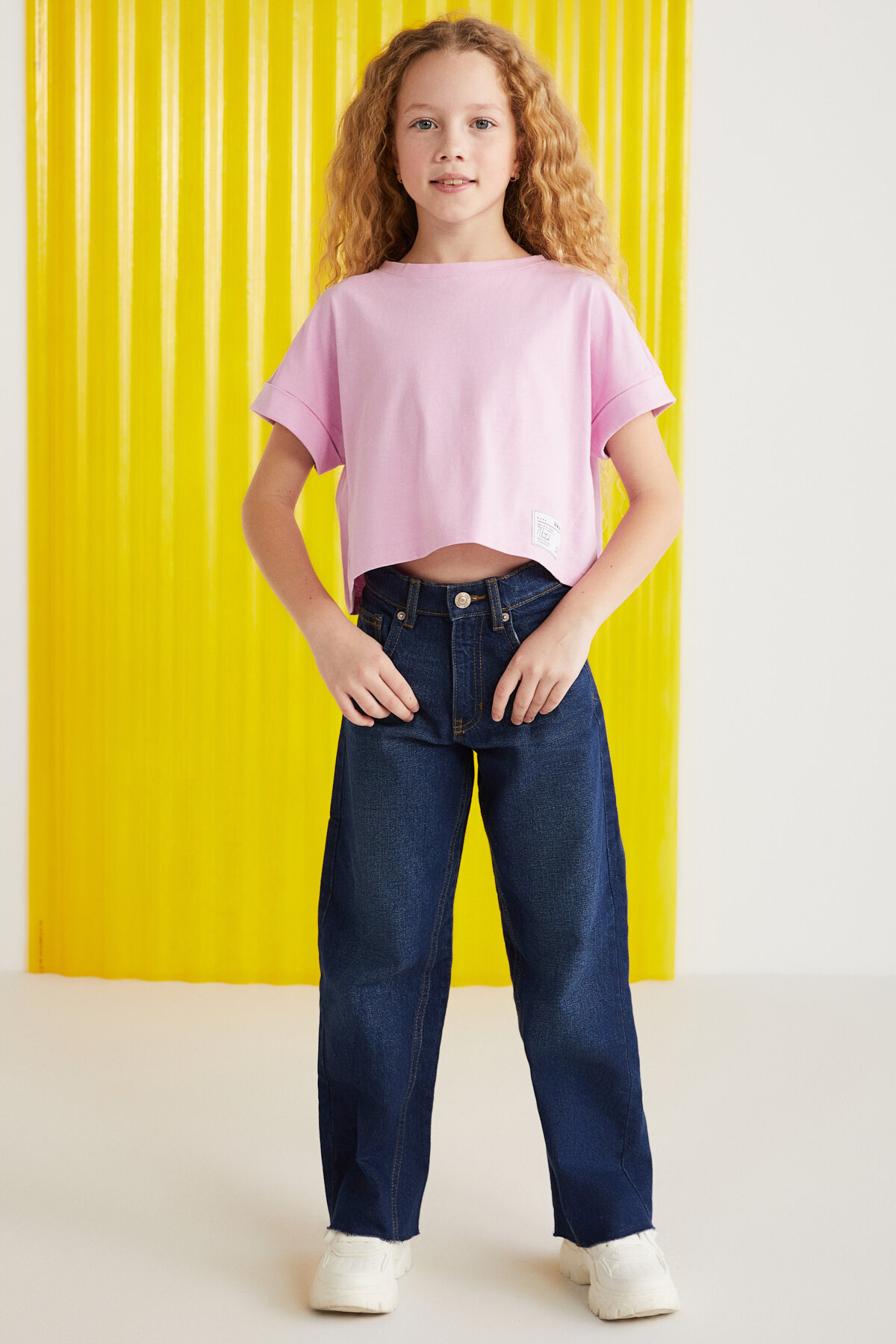 Levně GRIMELANGE Verena Girls' 100% Cotton Double Sleeve Pink T-shirt with Ornamental Labe