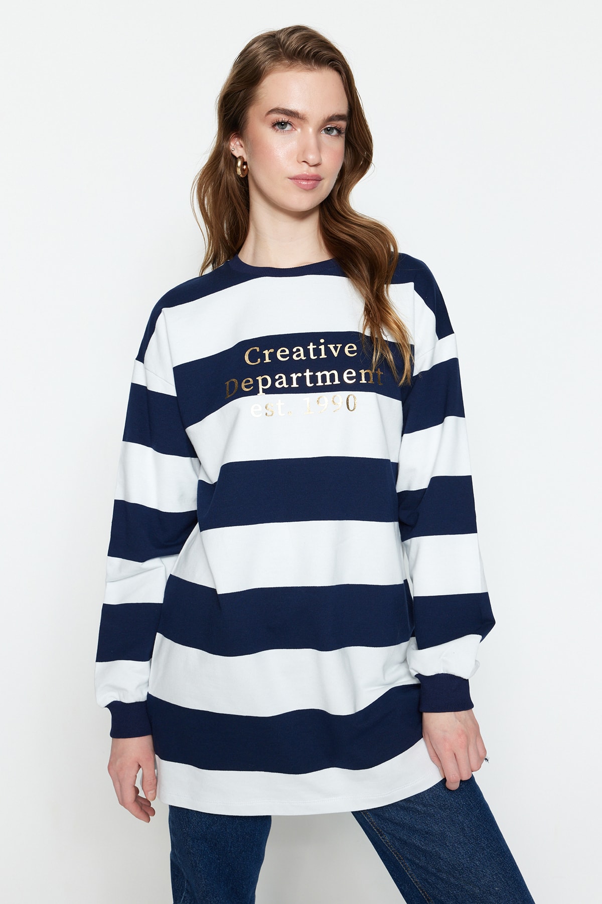 Trendyol Navy Blue Striped Printed Knitted Tunic