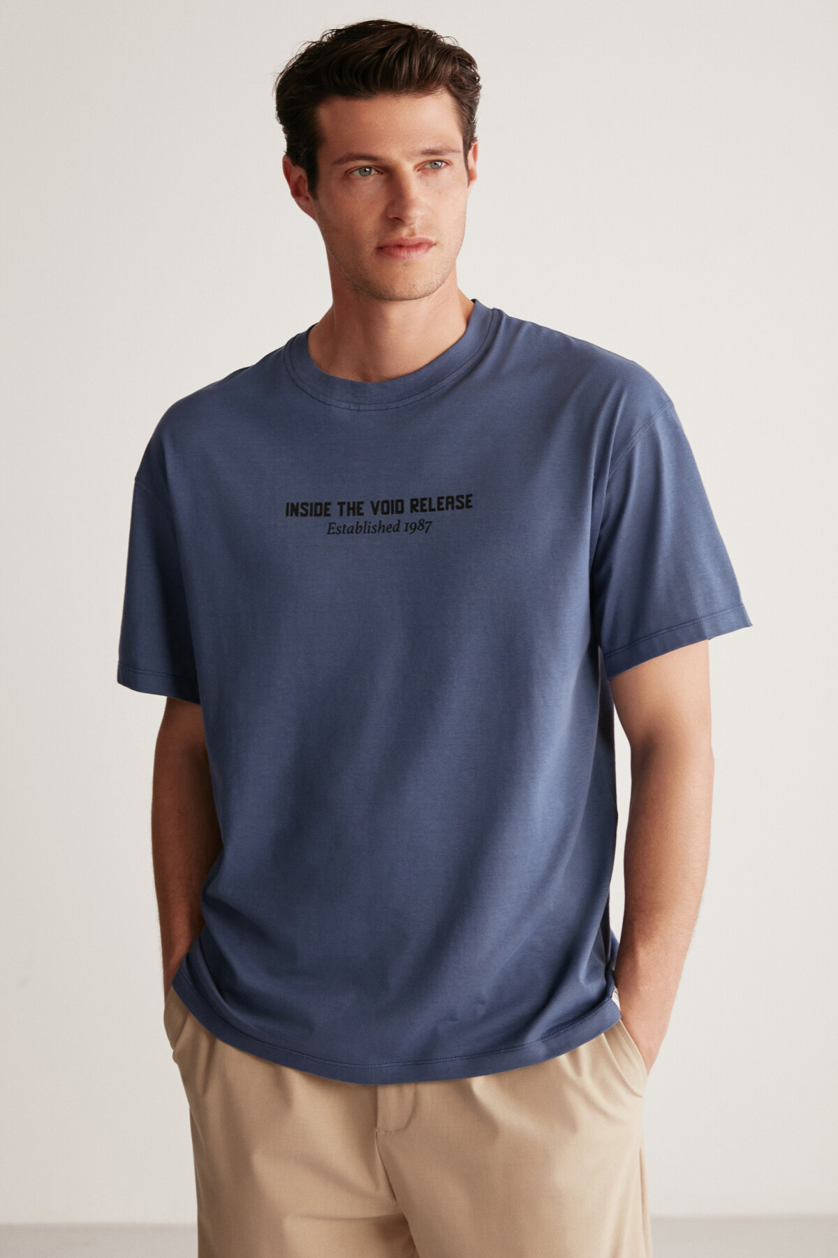 Levně GRIMELANGE Bastıan Men's Oversize Fit 100% Cotton Thick Textured Printed Navy Blue T-shirt
