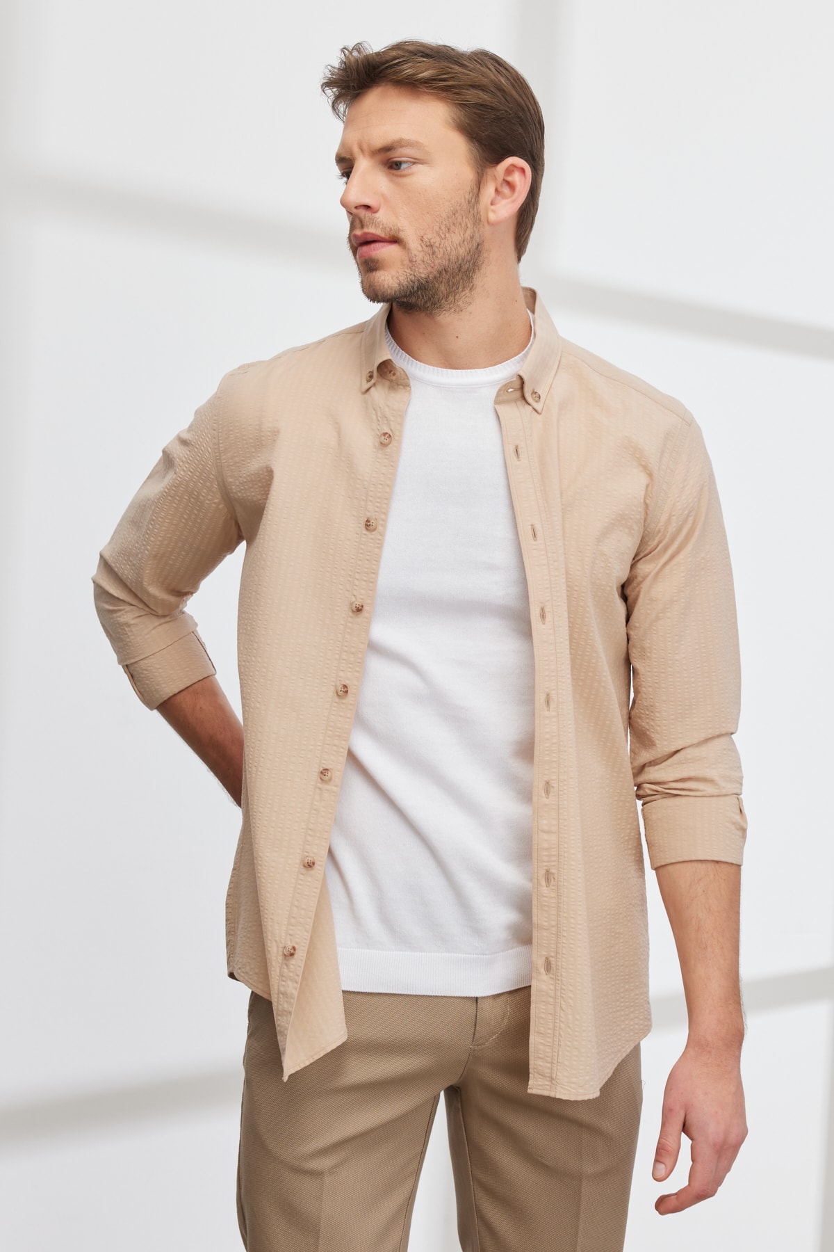 ALTINYILDIZ CLASSICS Men's Beige Slim Fit Slim Fit Button-down Collar Cotton Shirt