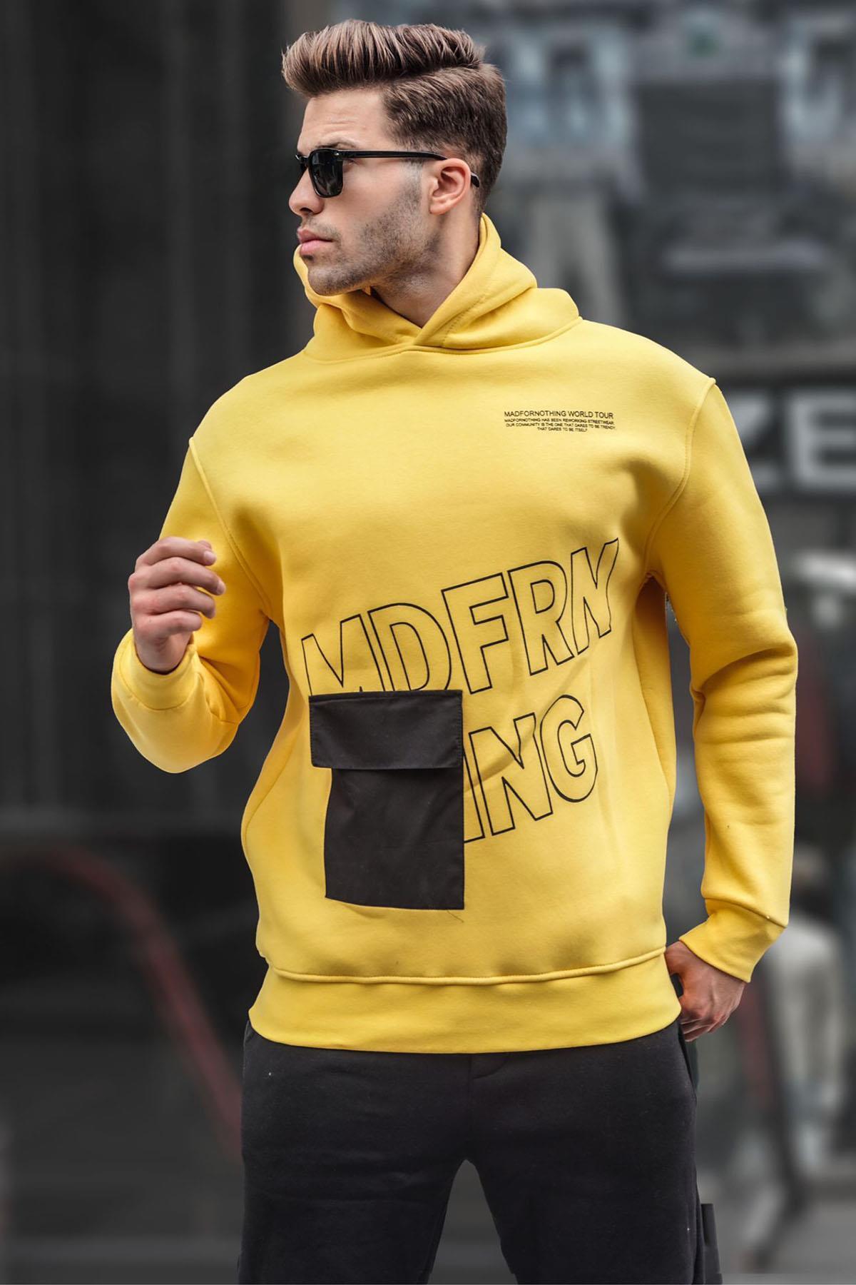Levně Madmext Yellow Printed Hooded Sweatshirt 6148