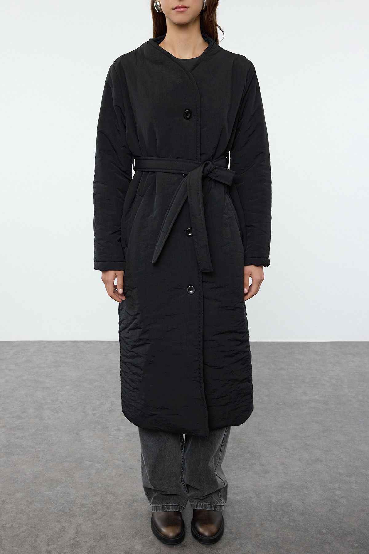 Trendyol Black Oversize Belted Water Repellent Long Quilted Puffer Coat