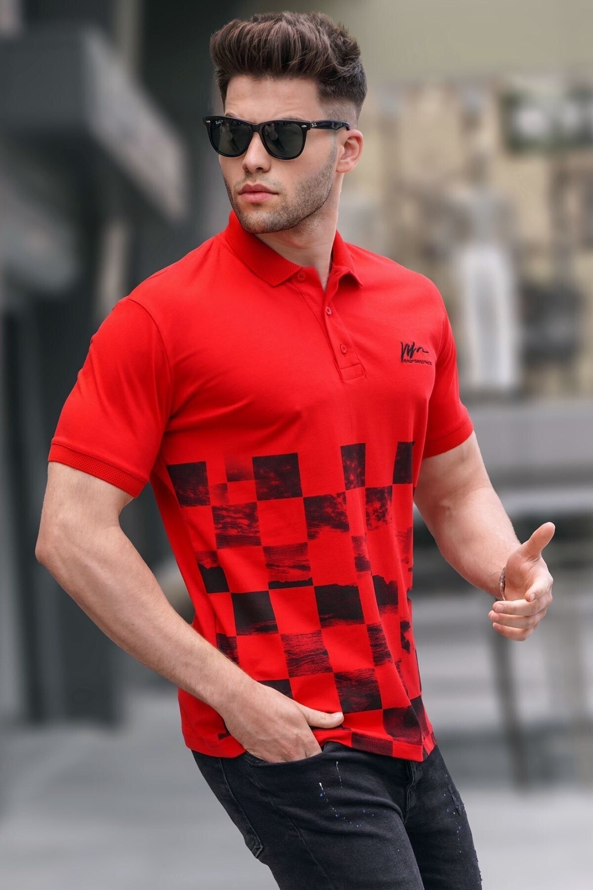 Levně Madmext Red Patterned Men's Polo Neck T-Shirt 5871