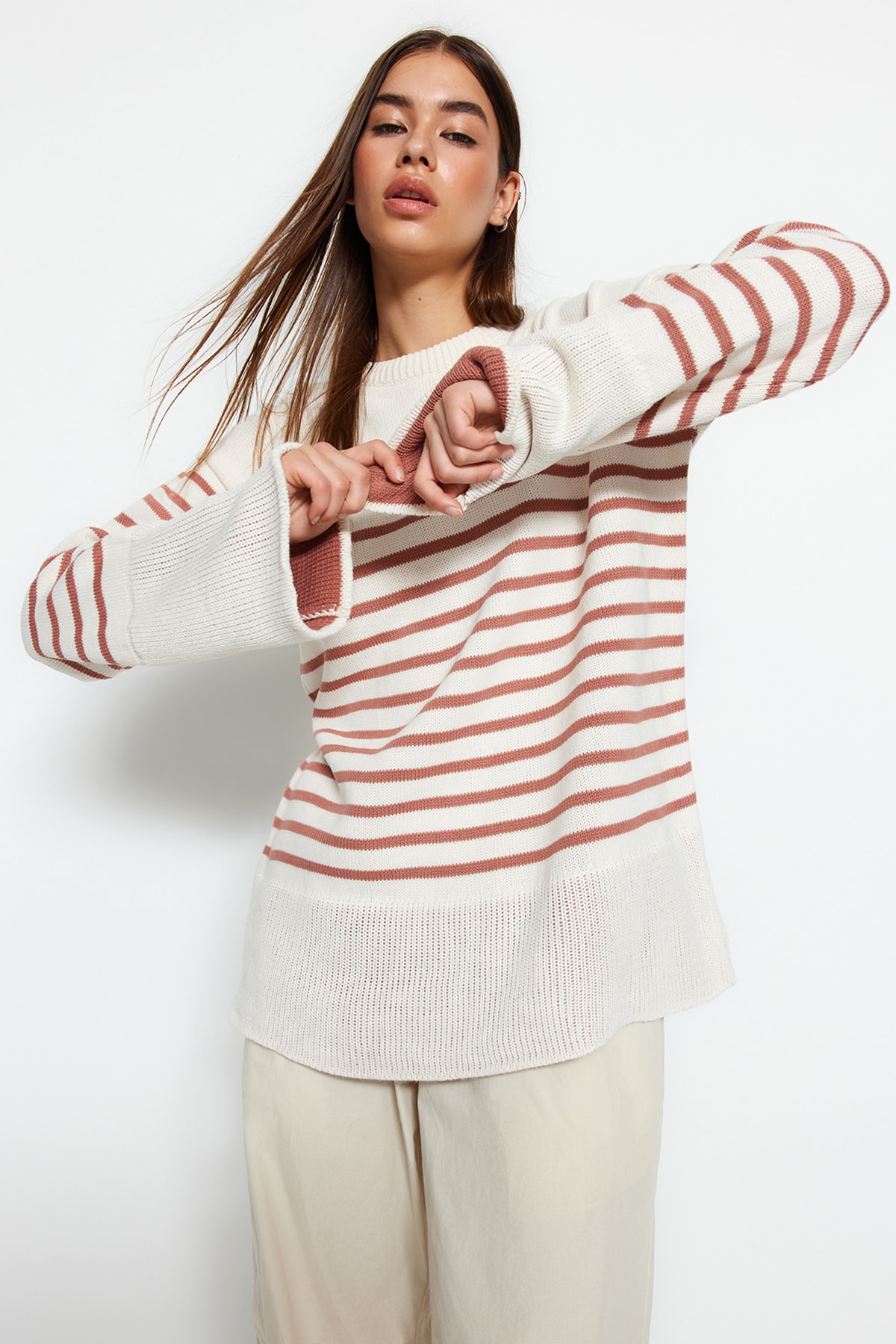 Trendyol Light Beige Wide Fit Striped Knitwear Sweater