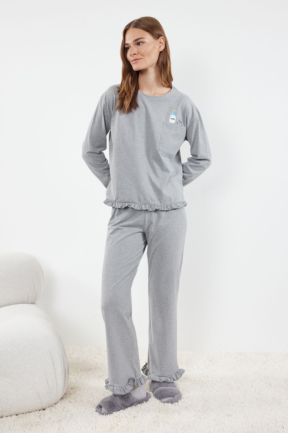 Trendyol Grey Melange Printed Pocket Detailed Knitted Pajama Set