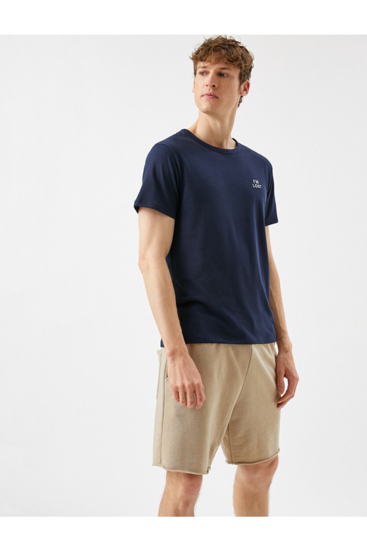 Koton Men's Navy Blue Letter Embroidered Crew Neck T-Shirt