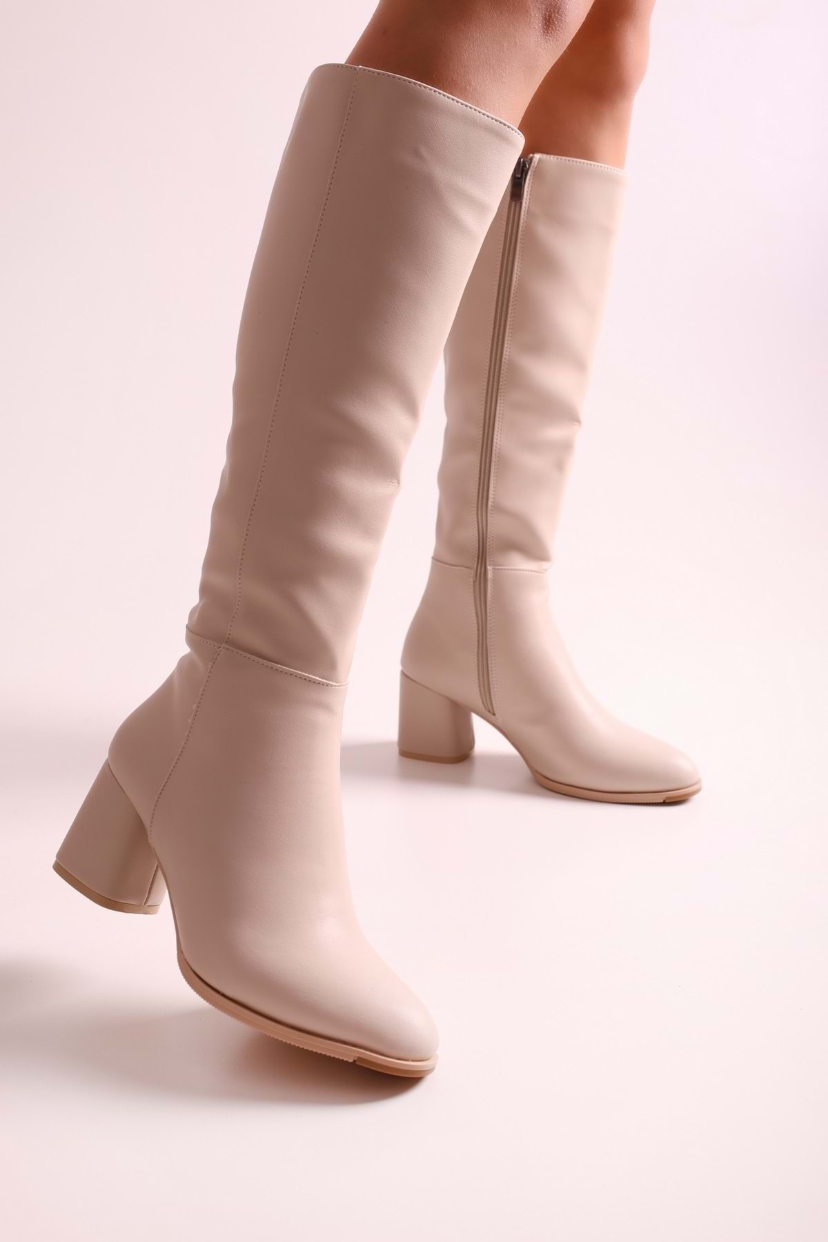 Levně Shoeberry Women's Kiella Beige Skin Heels Boots Beige Skin