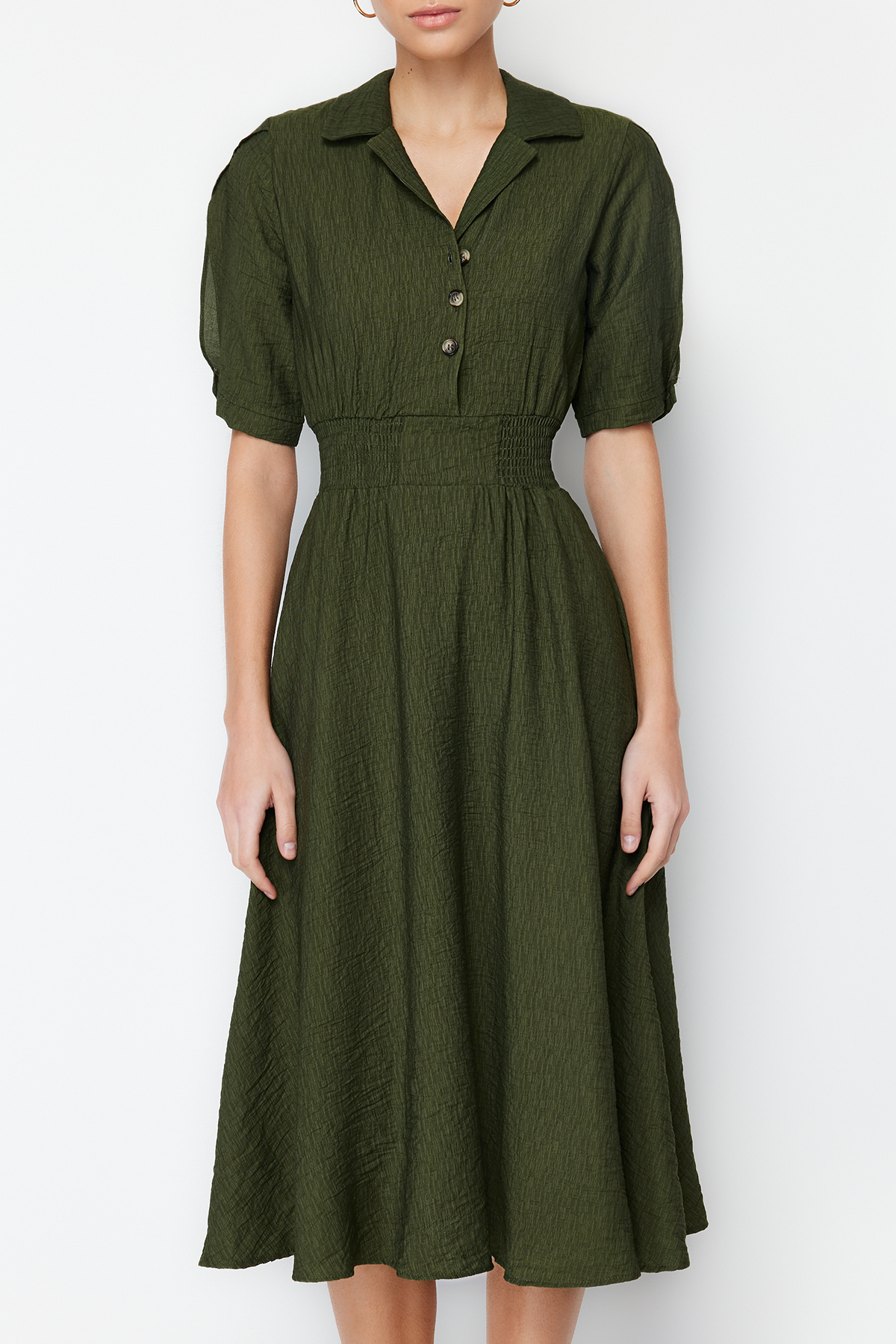 Trendyol Khaki A-line Shirt Collar Guiped Midi Woven Dress
