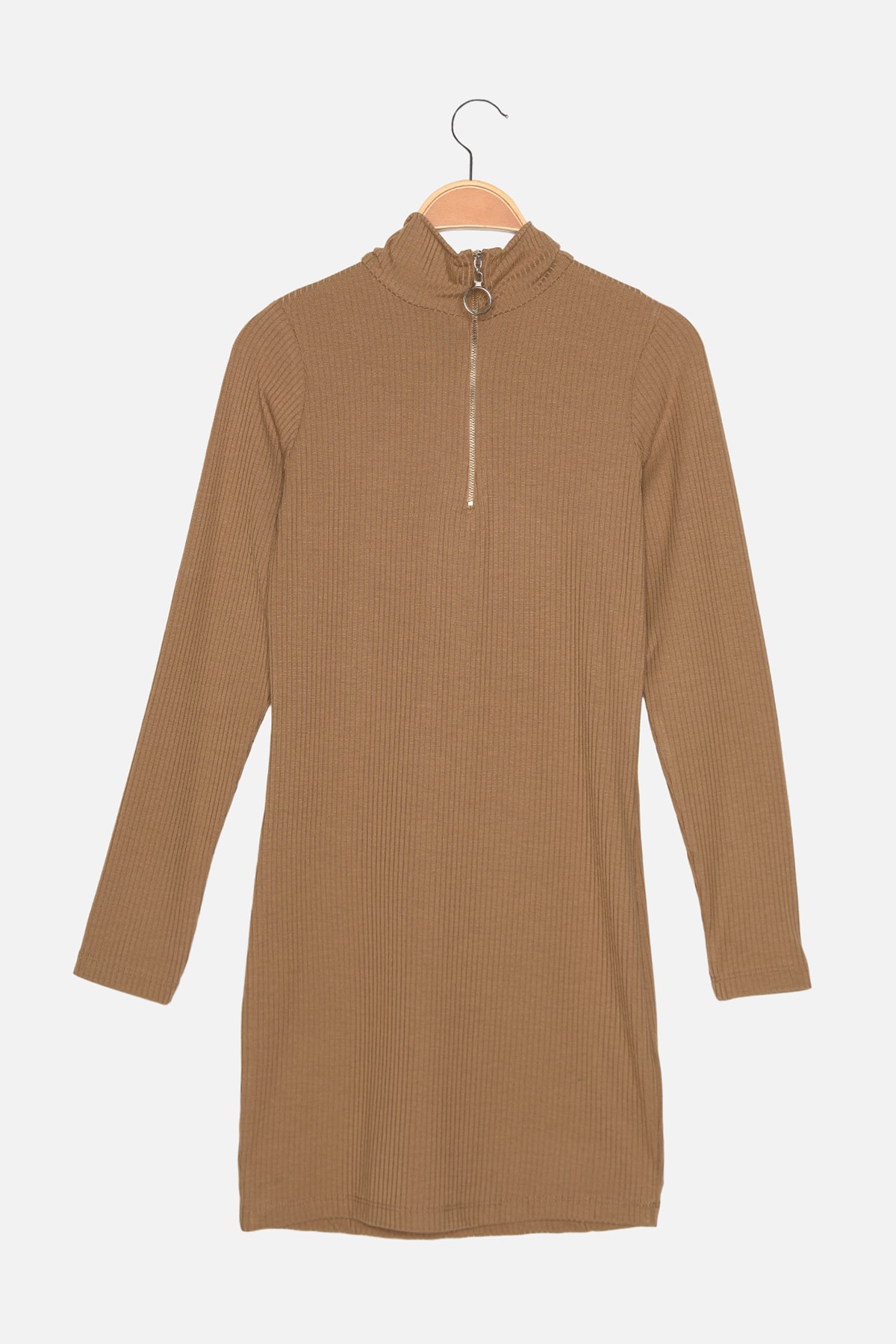 Trendyol Mink Petite Zipper Ribbed Mini Dress