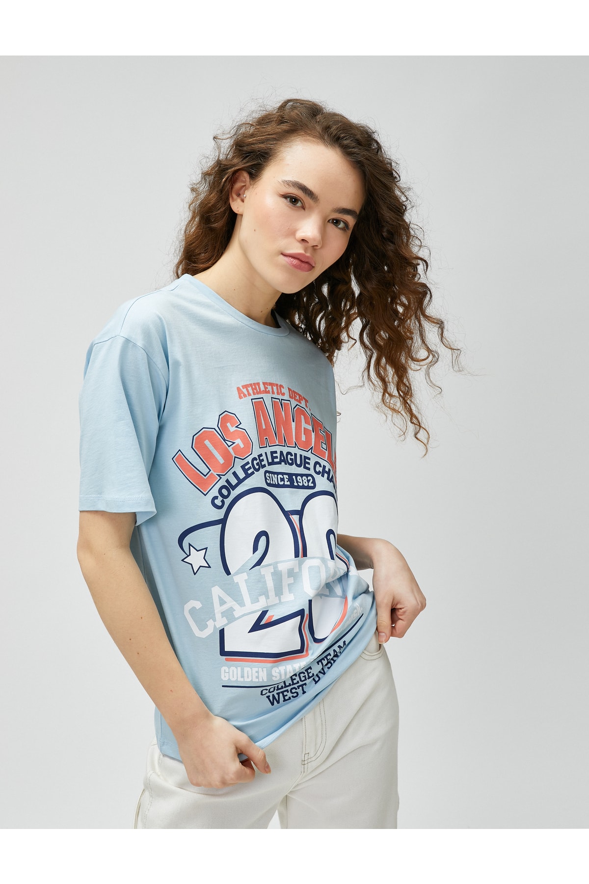 Levně Koton Oversize T-Shirt College Printed Crew Neck Short Sleeve Cotton