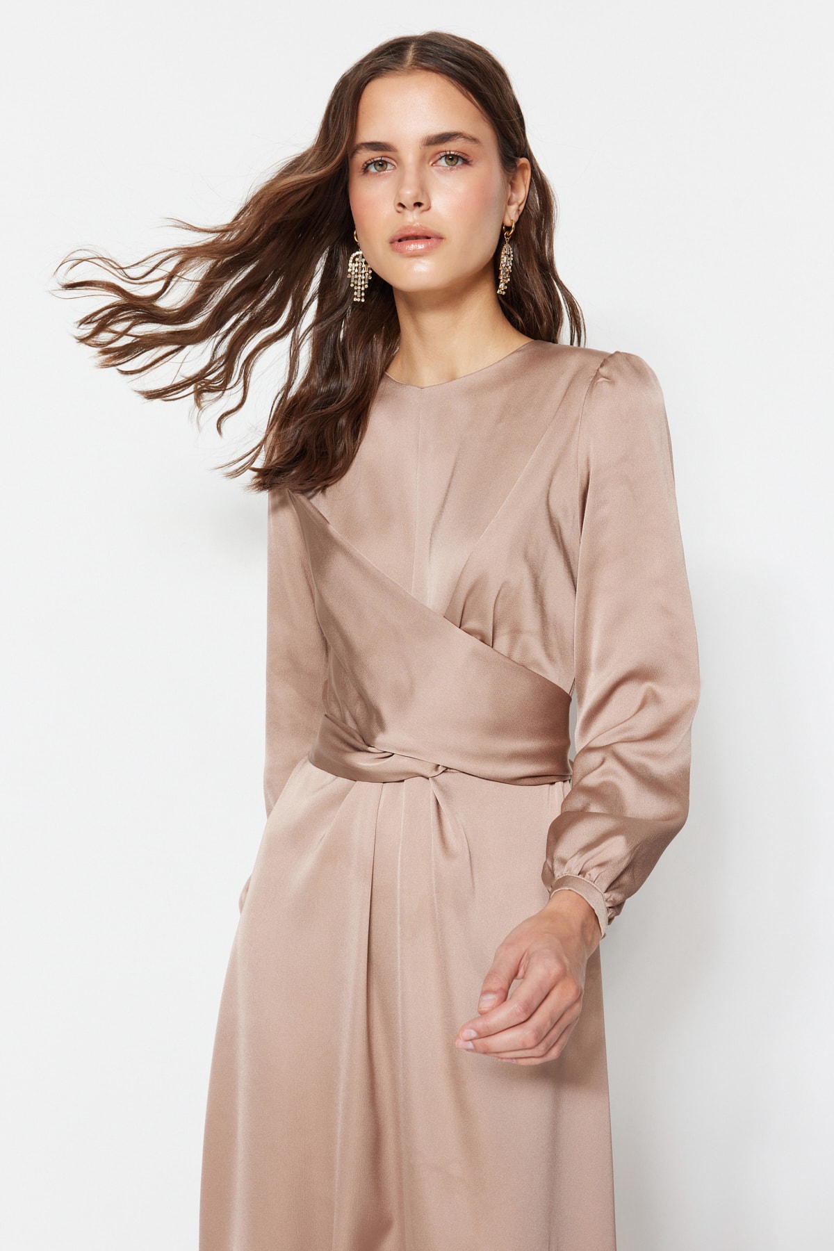 Trendyol Beige Cross-Lace Detailed Satin Evening Dress