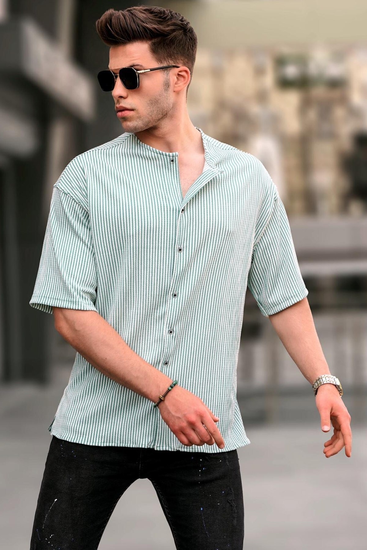Levně Madmext Mint Green Large Collar Striped Short Sleeve Shirt 5863