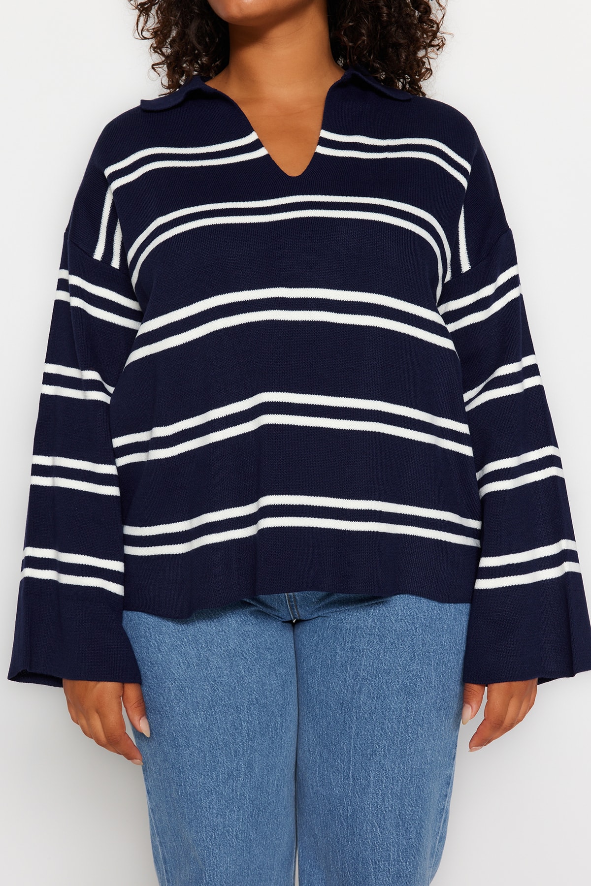 Trendyol bleumarin tricotaje cu dungi pulover