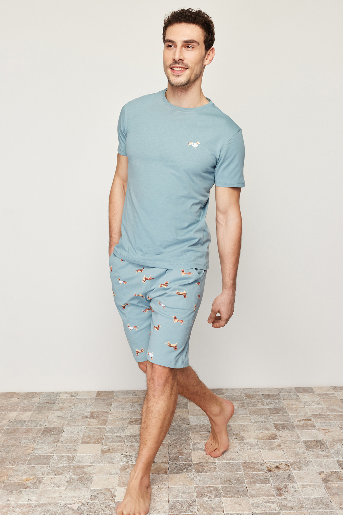 Trendyol Men's Blue Regular Fit Printed Knitted Pajamas Set