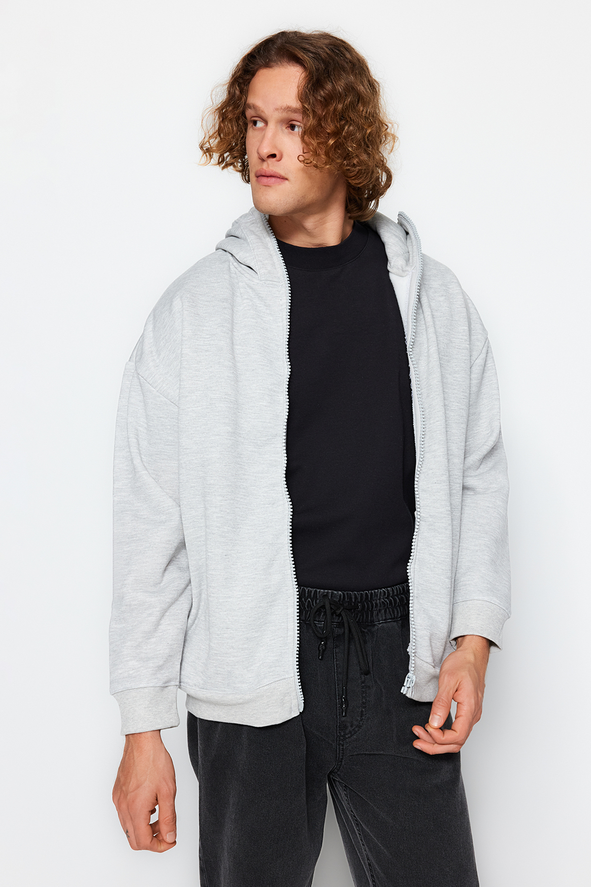 Levně Trendyol Gray Melange Oversize/Wide-Fit Zippered Special Collar Cotton Sweatshirt