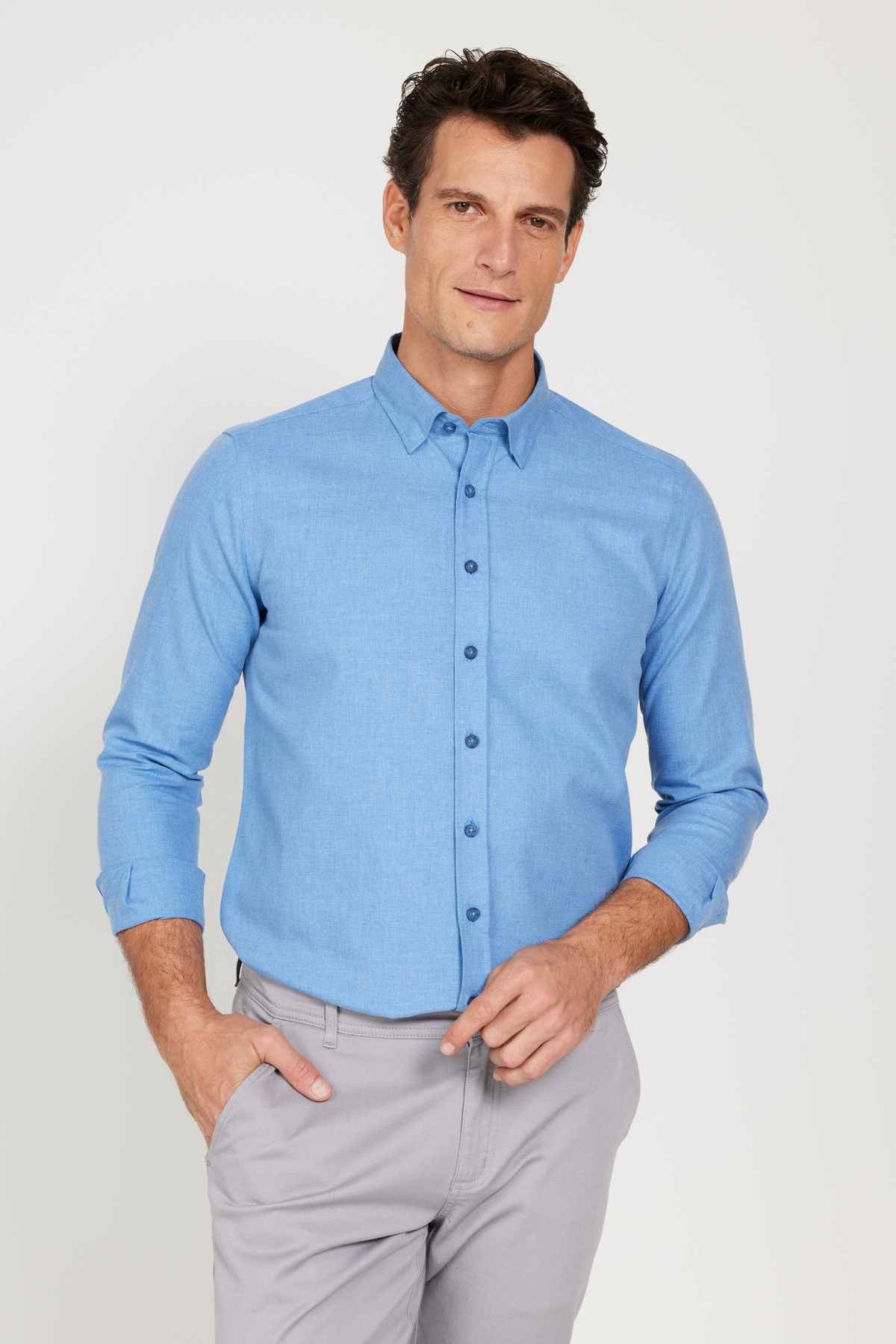 Levně ALTINYILDIZ CLASSICS Men's Blue Slim Fit Slim Fit Buttoned Collar Flannel Lumberjack Winter Shirt