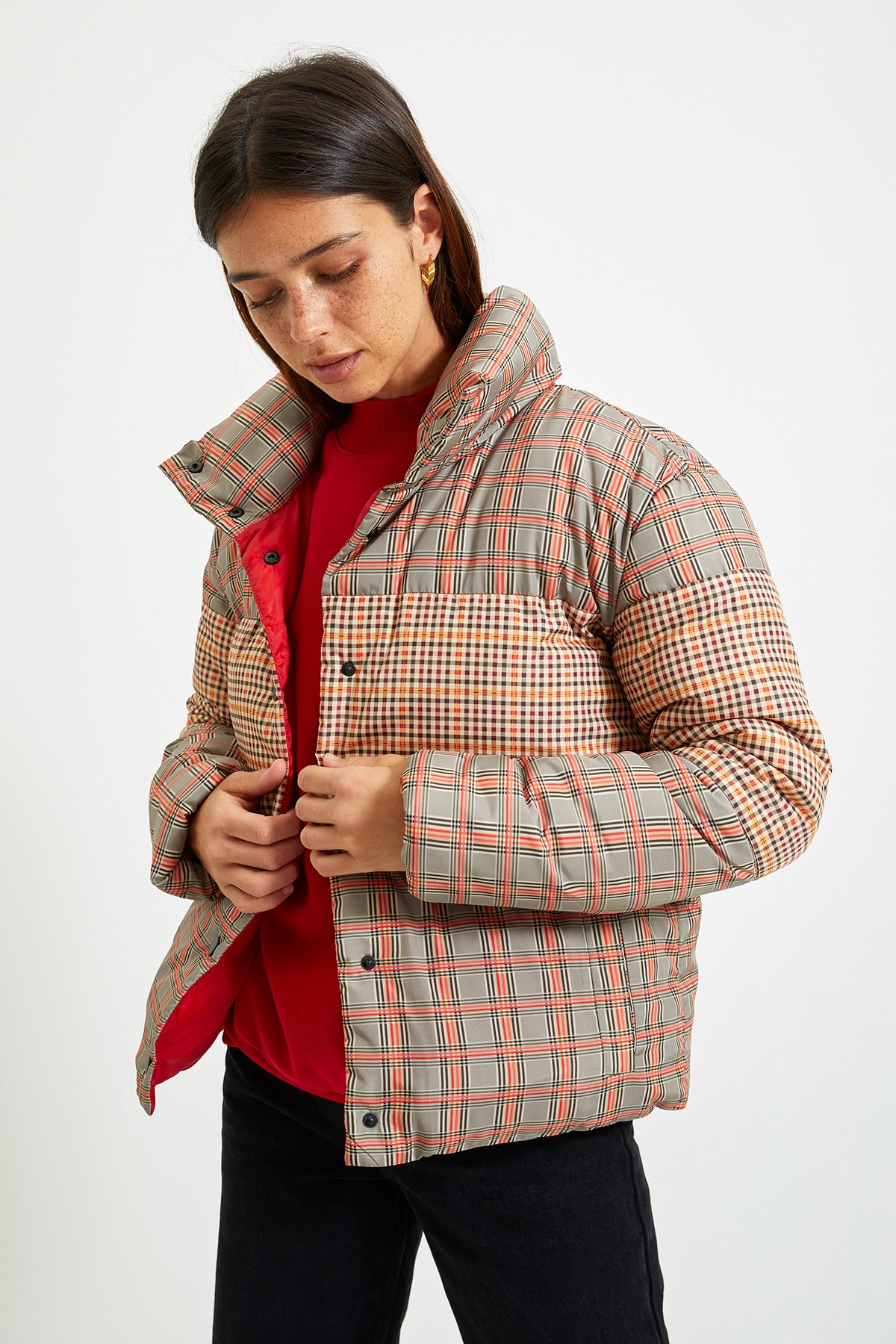 Trendyol Multicolor Oversize Stand Up Collar Checkered Down Jacket