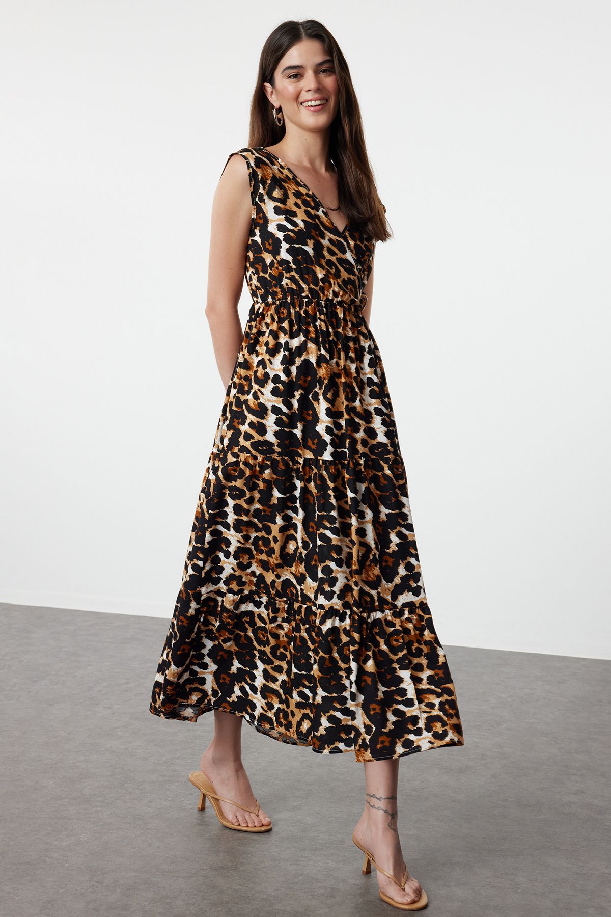 Trendyol Brown Leopard Patterned A-Line Double Breasted Neck Midi Viscose Woven Dress