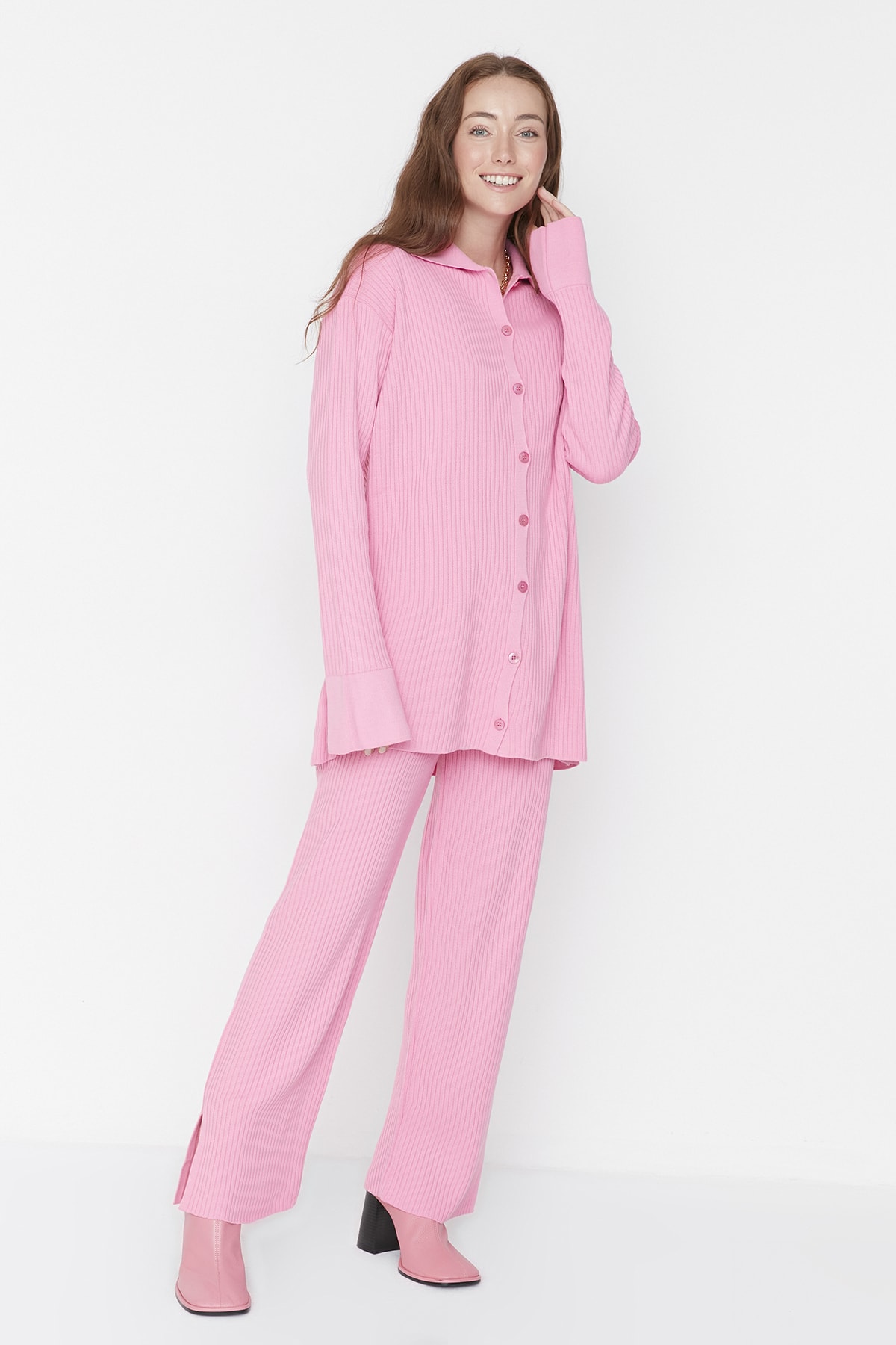 Trendyol Pink Slit Detailed Cardigan-Pants Knitwear Set