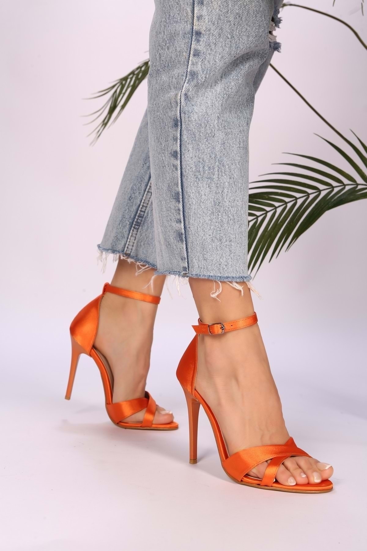Shoeberry Women's Elena Orange Satin Heeled Shoes