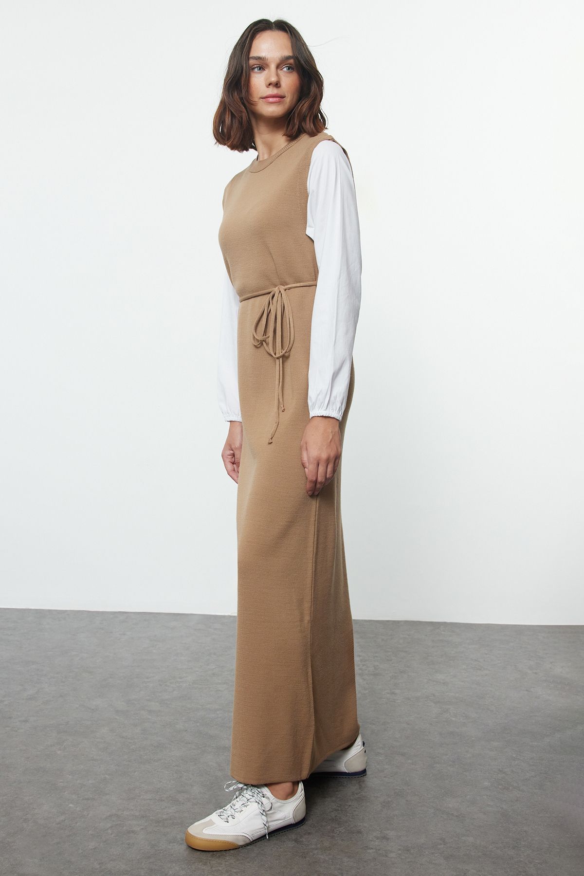 Trendyol Beige Sleeves Woven Piece Detailed Waist Tied Knitwear Dress