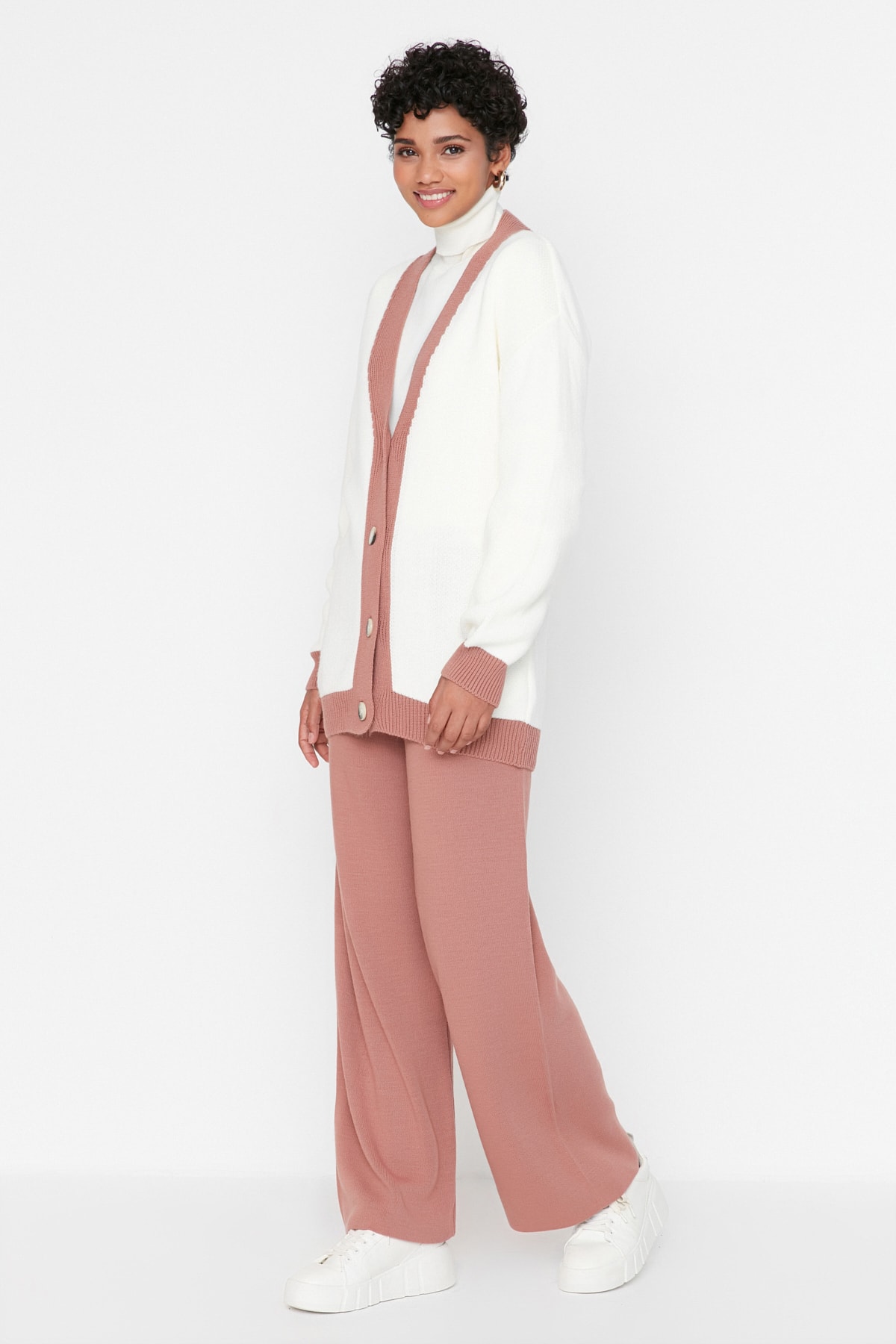 Levně Trendyol Dried Rose Stripe Detailed Cardigan-Pants Knitwear Set