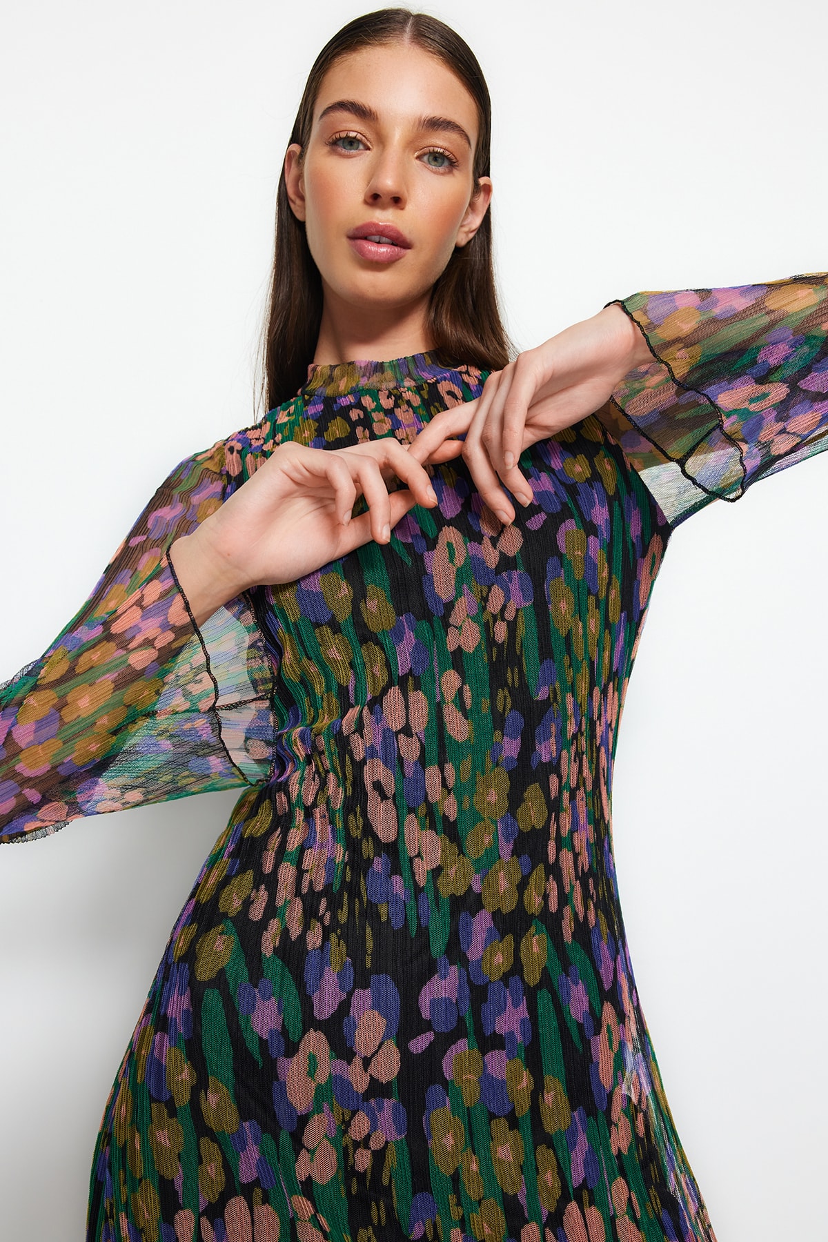 Trendyol Multicolor Pliat Fabric Patterned Shift/Plain Lined Midi Tricotat Rochie