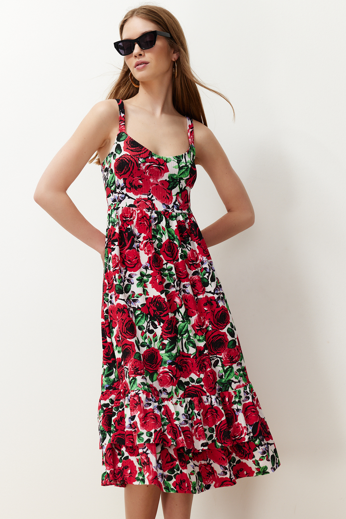 Trendyol Red Floral Strap Skater/Ribbed Flexible Knitted Midi Dress