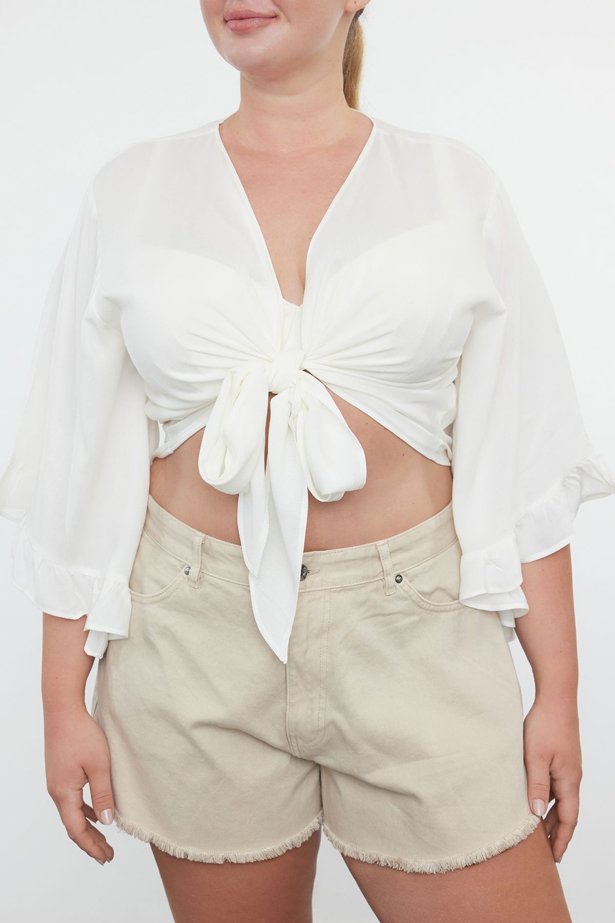 Trendyol Curve Ecru Crop Sleeve Ruffle Flounce Double Breasted Neck Beach Wear Blouse